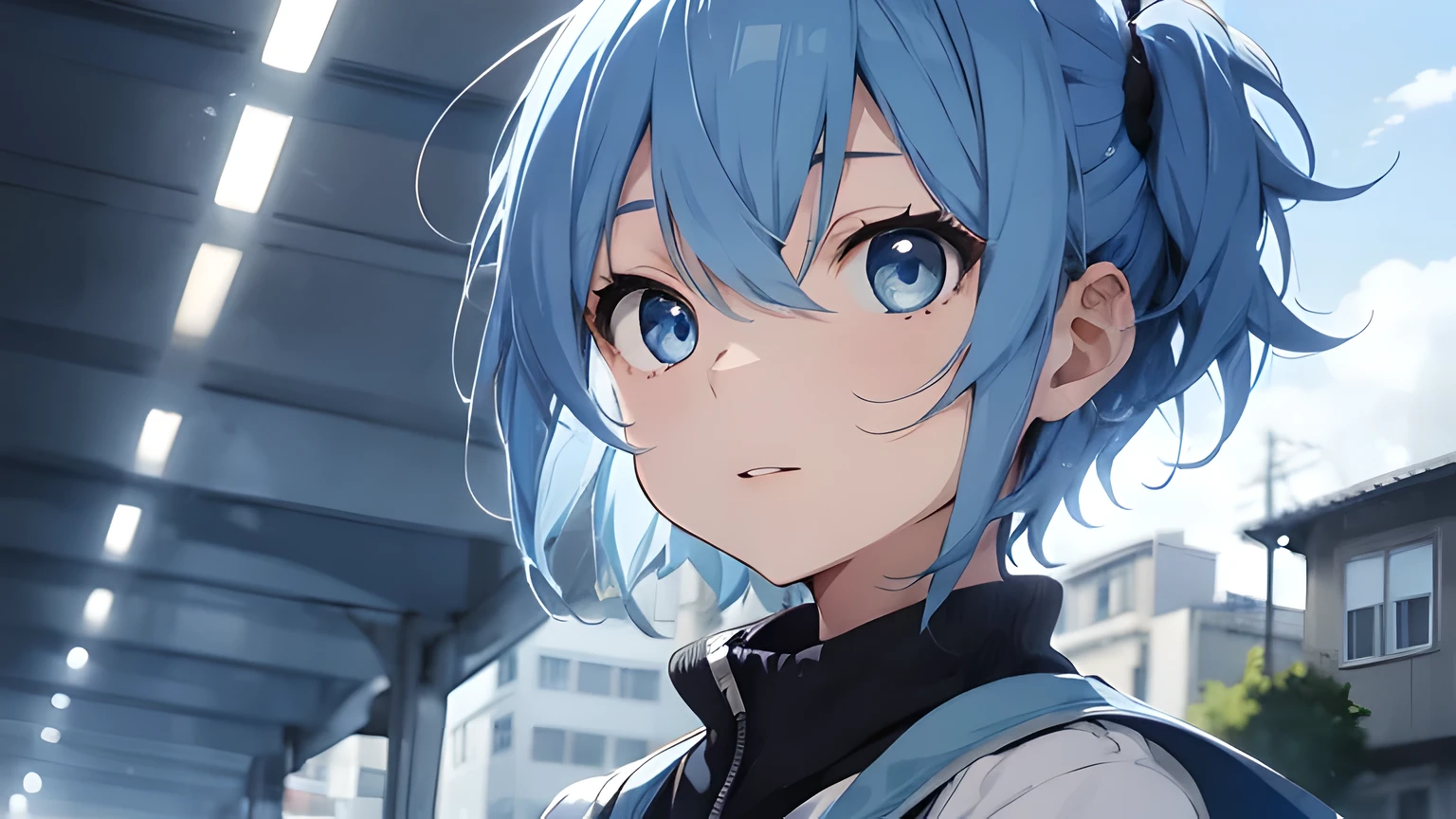furina, blue eyes, blue hair, cowlick, ahoge, hair over one eye, light blue hair, short hair,