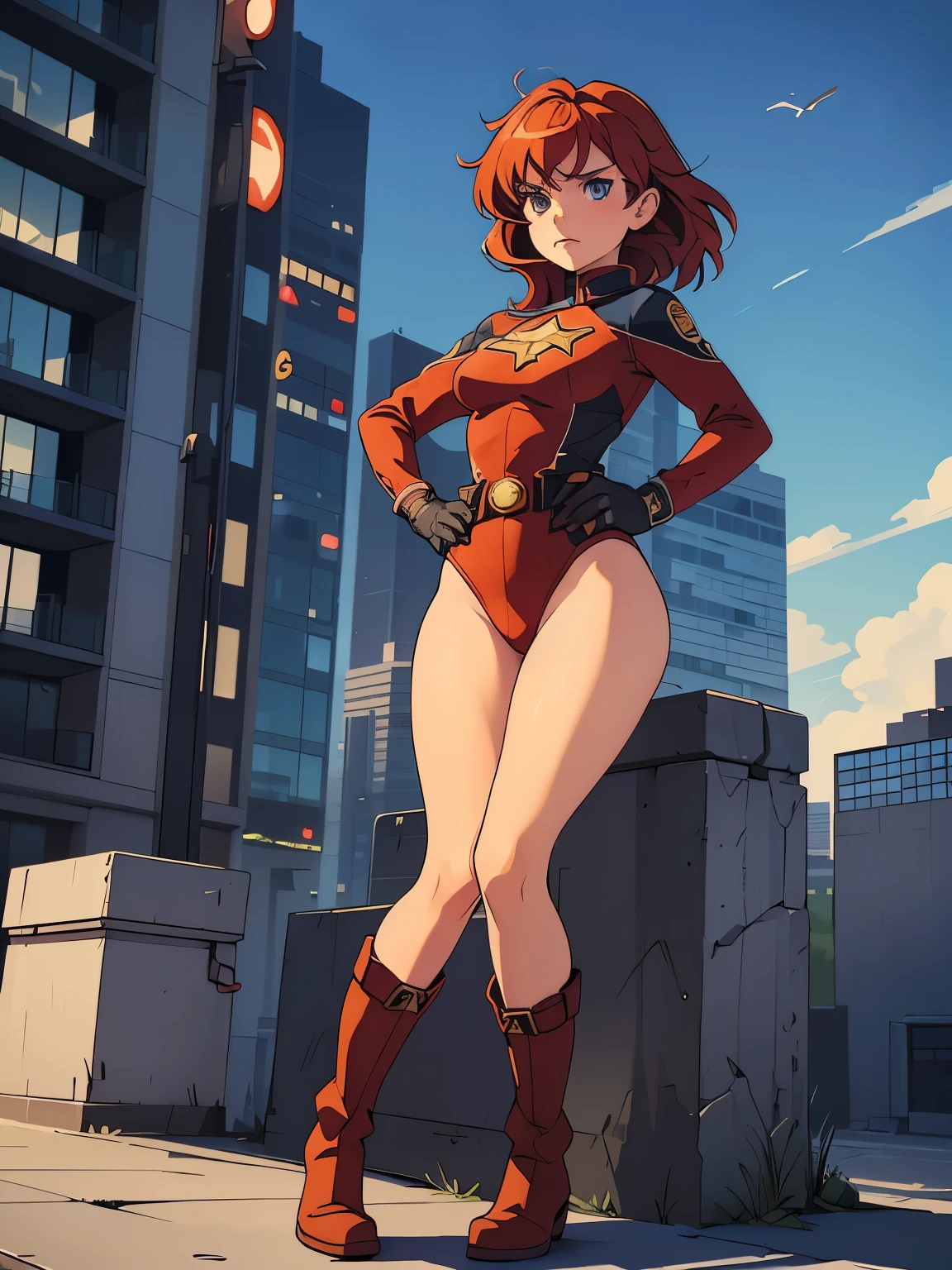 1girl, medium breasts, leotard, bare legs, tight belt, boots, matching boots, gloves, city backdrop, solo, single, hands on hip, standing, full body shot, cowboy shot, superhero, beautiful detailed eyes, mature lady, star symbol on chest, red hair, high leg leotard