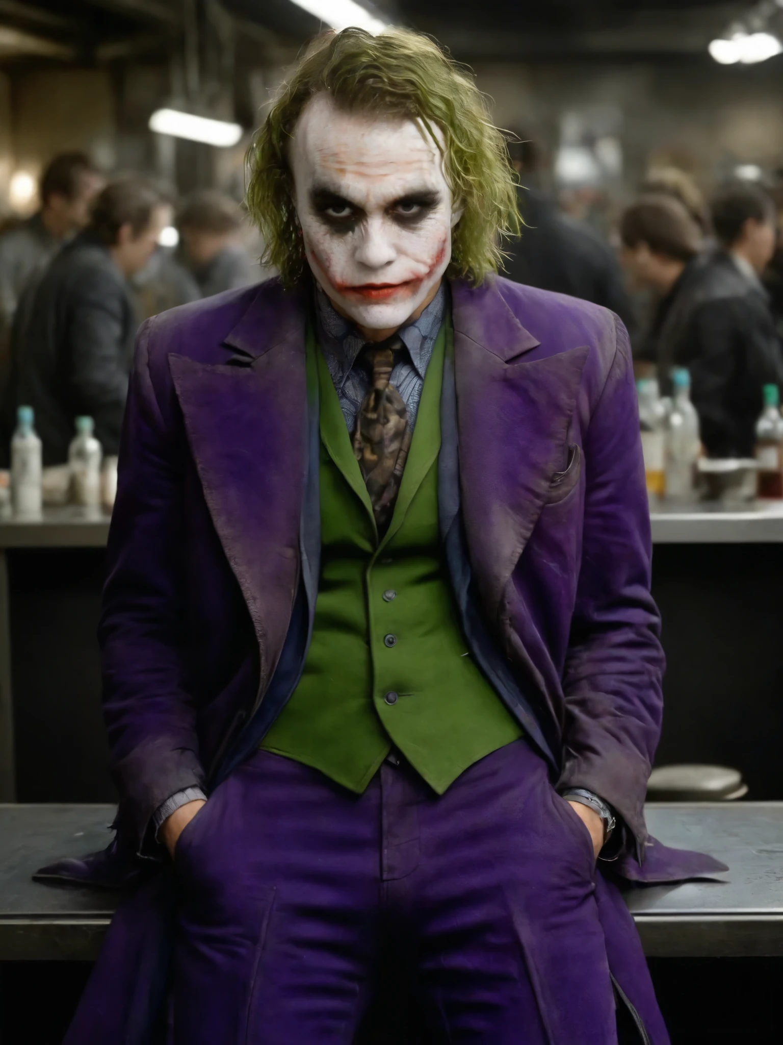 dynamic angle, (80s anime focus:1.2), extremely detailed urban strip bar, clashing themes, stage, stage lights, crowd in background, The Joker by Tsutomu Nihei,(strange but extremely beautiful:1.4),(masterpiece, best quality:1.4),in the style of nicola samori