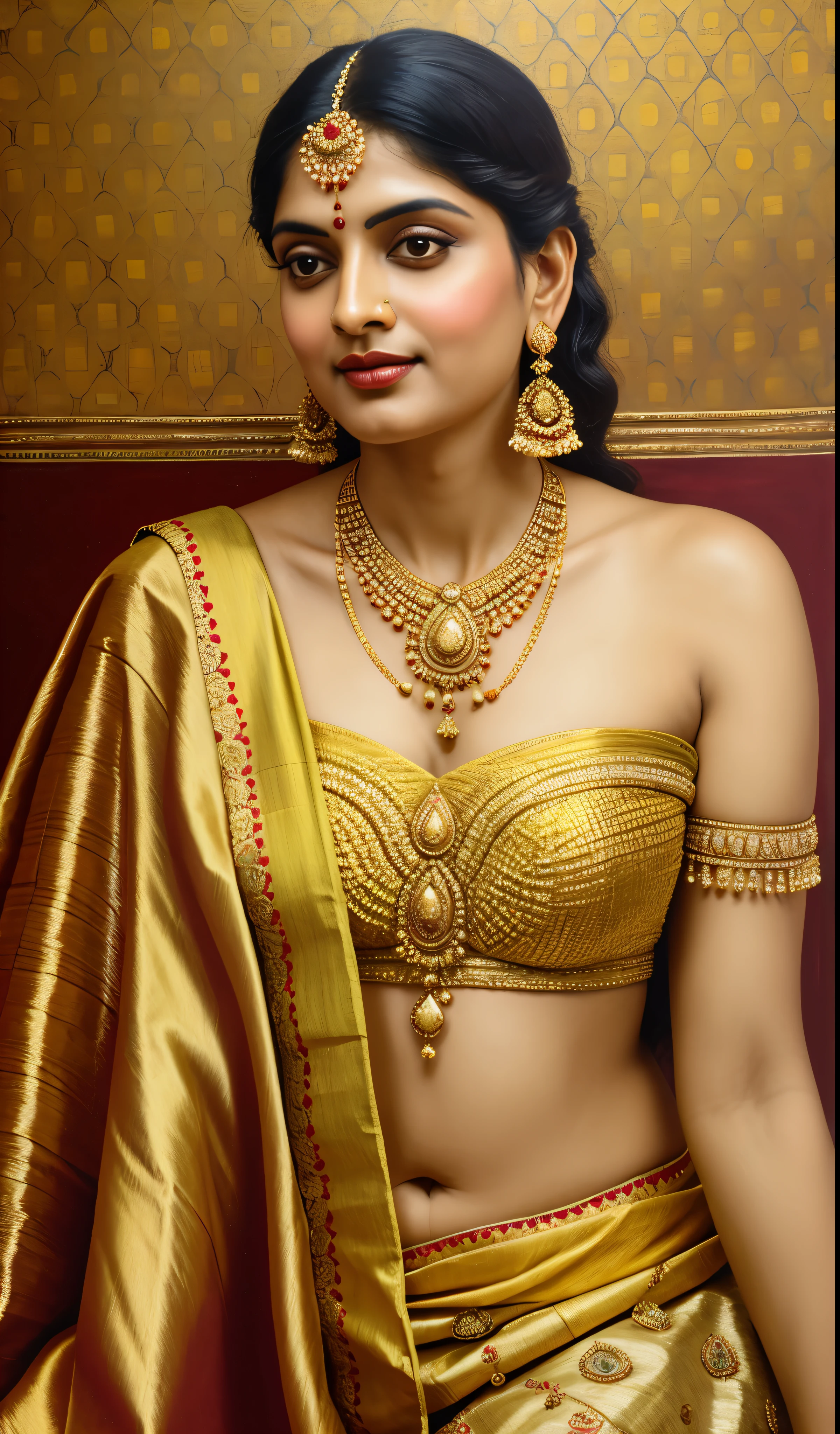 painting of a woman in a sari with a necklace and earrings, inspired by Raja Ravi Varma, szukalski ravi varma, portrait of a beautiful goddess, by Raja Ravi Varma, indian goddess, traditional beauty, a stunning portrait of a goddess, inspired by T. K. Padmini, indian art, indian goddess of wealth, portrait of a goddess