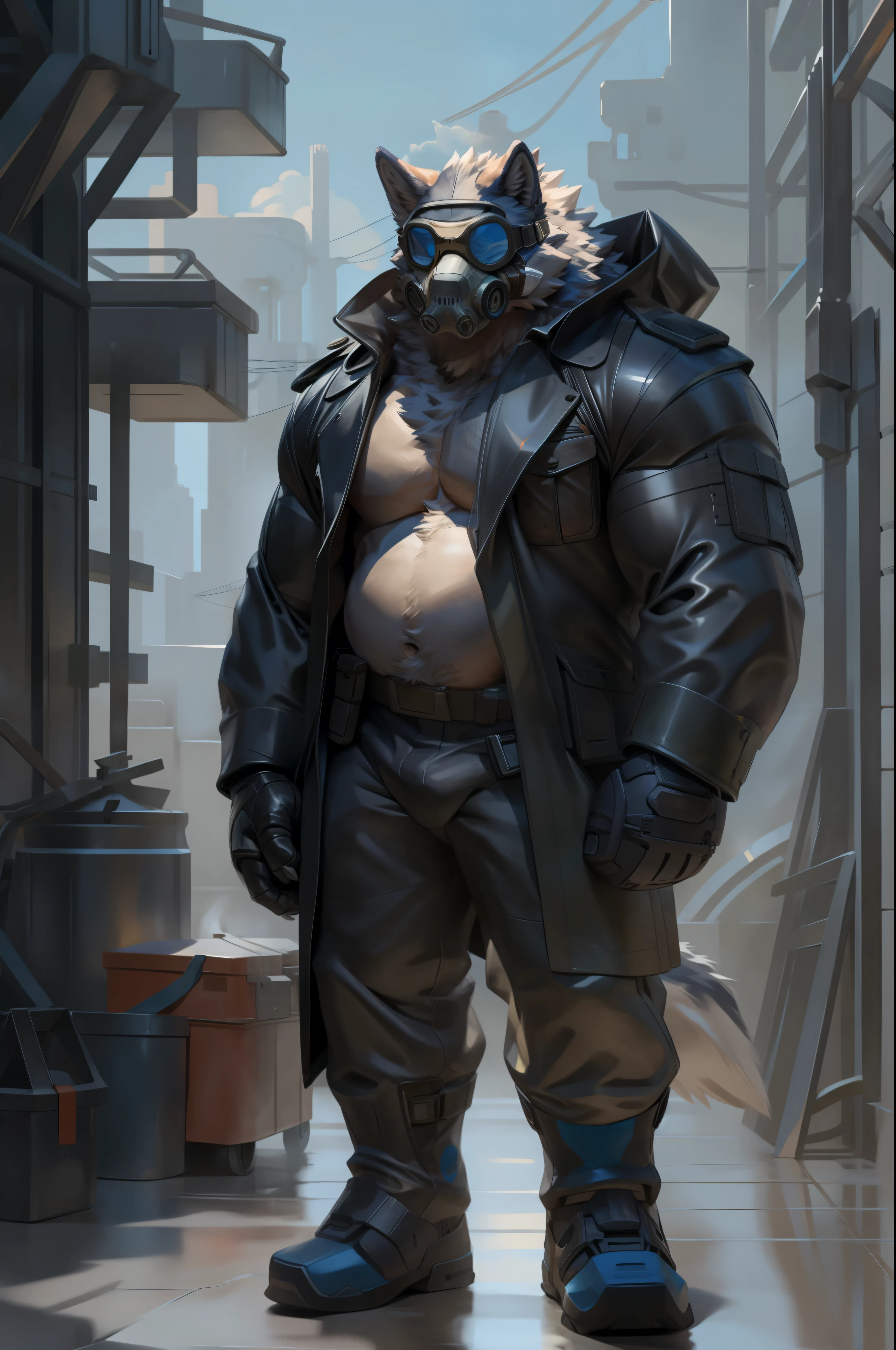 anthro wolf, detailed gas-mask, mechanical jawline, samurai mask , no eyes, eyes covered, blue eyes, wolf eyes, gas-mask face, mask teeth, mask tubes, mask grill mouth, mouth tubes, Bane mask, Monster mouth, Von Lycan, face hidden, eyes hidden, gas mask wolf, face covered by gas mask, no shirt, not wearing shirt, [no shirt],furry chest, huge chest, furry stomach, firm stomach, furry body, chiseled furry, detailed goggles, no eyebrows, face hidden, welding goggles, dark round sunglasses, dark goggles, black goggles, detailed eye goggles