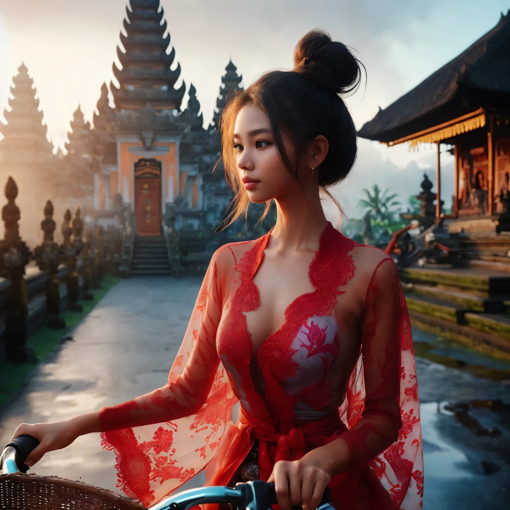 8k Uhd, Dslr,Film Grain, Fujifilm XT3,(Best Quality:1.3), (Masterpiece:1.1), ((face detail)) High Resolution, Cinematic Light, Intricate Details, (Photorealistic) create a realistic photography of sacred magical exotic scenery of bali sea shore temple in the morning breeze, there are local balinese beautiful girl ((detail pretty exotic indonesian malay face)) bun simple casual daily hairstyle, wearing local traditional red transparent kabaya batik cloths ride a old bicycle