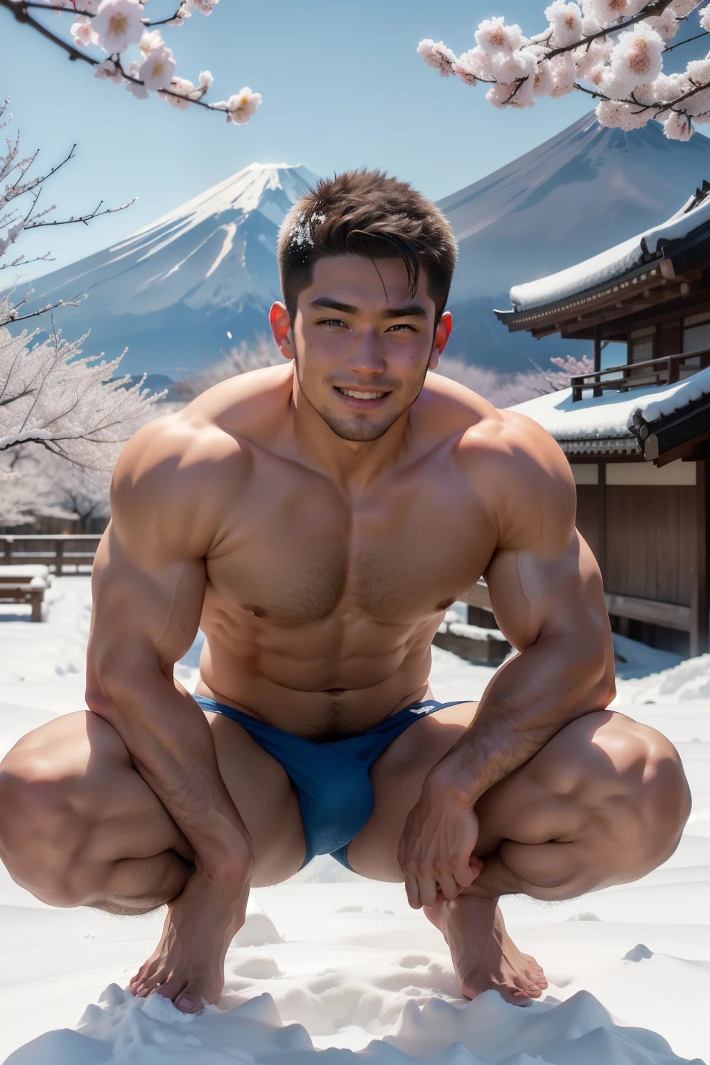 (one boy), (head shot), (squatting), (big male genitals under men's bikini),  one handsome muscular young boy, (Mt. Fuji with a lot of snow and many cherry Blossoms blooming, blue sky in the background), mischievous smile, (details: 1 1), natural muscles, high quality, beautiful eyes, (detailed face and eyes), (faceless: 1 2), noise, real photography、... PSD, Sharp Focus, High Resolution 8k, Real & Professional Photography, 8K UHD, Soft Lighting, High Quality, Film Grain, FUJIFILM XT3