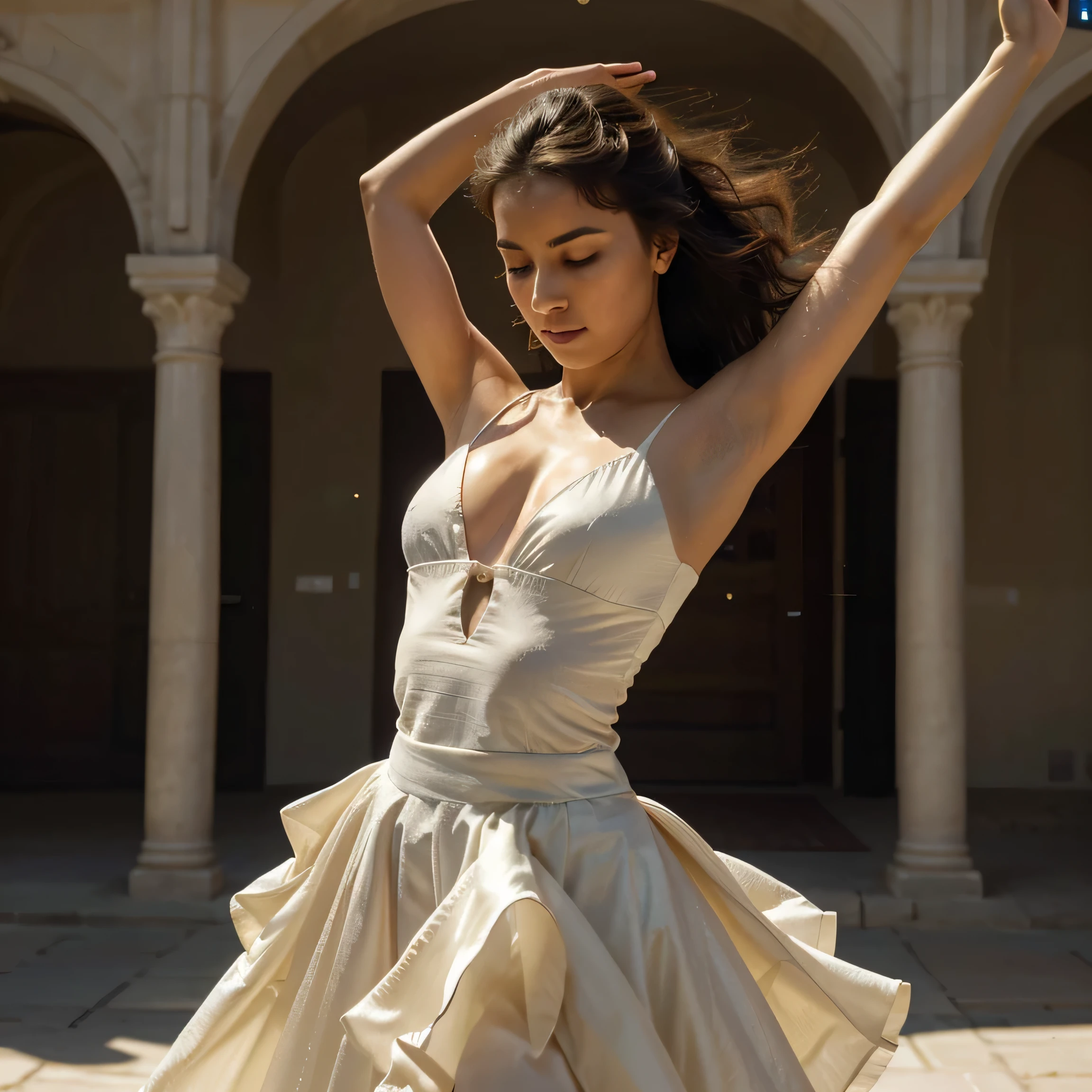 The image captures a moment of pure elegance and grace. O sujeito, uma jovem mulher, is in the middle of a dance, your body positioned in a dynamic pose that suggests movement and energy. She is adorned in a white dress, its golden details adding a touch of sophistication. O vestido, with your flowing skirt, It&#39;s a testament to the fluidity of your dance.

His arms are raised, mirroring the upward movement of your dance, and his eyes are closed, indicating a moment of intense concentration or perhaps a moment of pure joy. Sunlight coming in from the side casts a warm glow on her, highlighting your features and adding depth to the image.

O fundo contrasta fortemente com o assunto, com suas cores escuras e suaves, allowing the viewer&#39;s attention to remain focused on the woman and her dance. The overall composition of the image, with its careful balance of light and shadow, cor e contraste, creates a visually stunning scene that captures the essence of grace and beauty in motion.