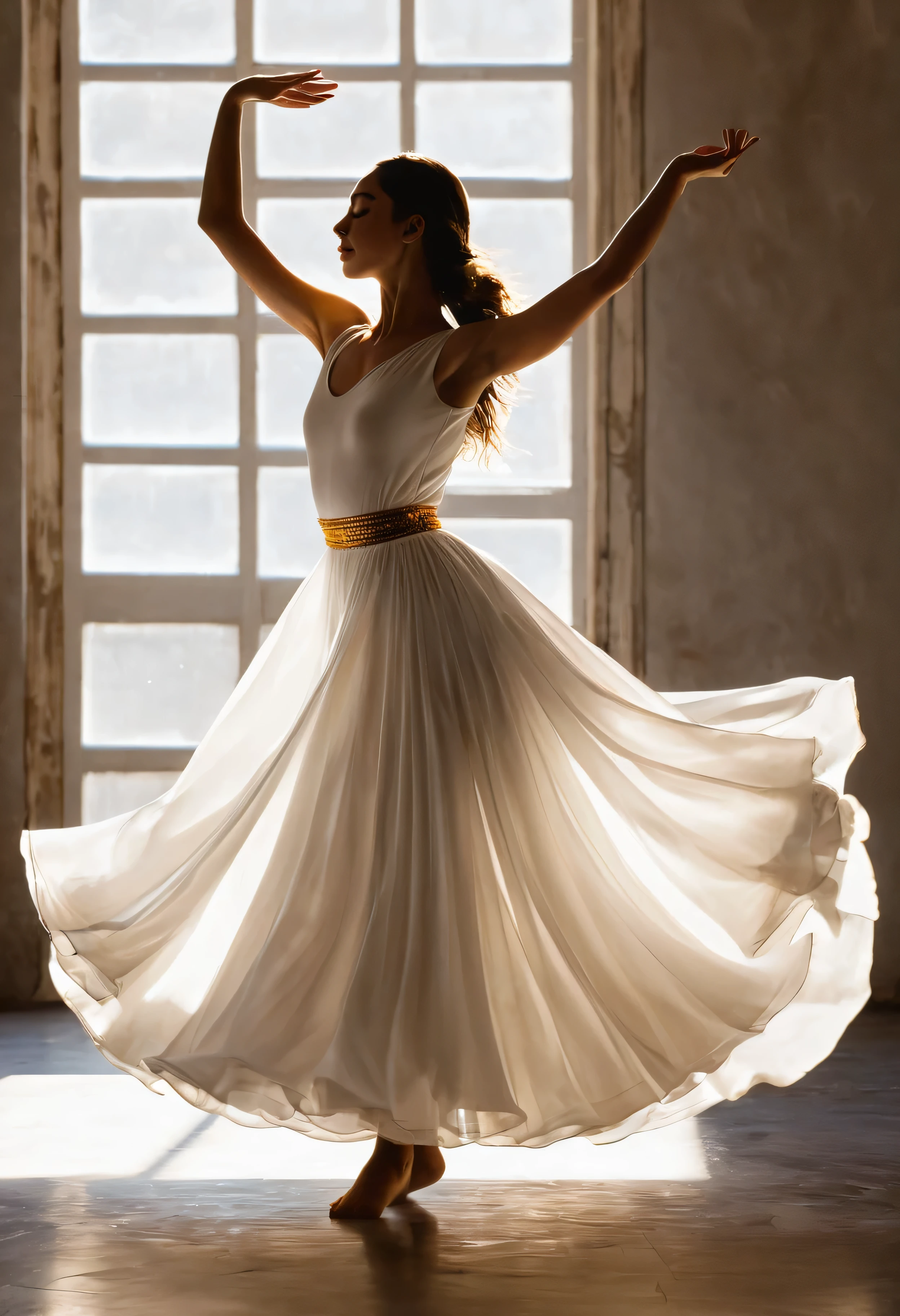 The image captures a moment of pure elegance and grace. O sujeito, uma jovem mulher, is in the middle of a dance, your body positioned in a dynamic pose that suggests movement and energy. She is adorned in a white dress, its golden details adding a touch of sophistication. O vestido, with your flowing skirt, It's a testament to the fluidity of your dance.
His arms are raised, mirroring the upward movement of your dance, and his eyes are closed, indicating a moment of intense concentration or perhaps a moment of pure joy. Sunlight coming in from the side casts a warm glow on her, highlighting your features and adding depth to the image.
O fundo contrasta fortemente com o assunto, com suas cores escuras e suaves, allowing the viewer's attention to remain focused on the woman and her dance. The overall composition of the image, with its careful balance of light and shadow, cor e contraste, creates a visually stunning scene that captures the essence of grace and beauty in motion.