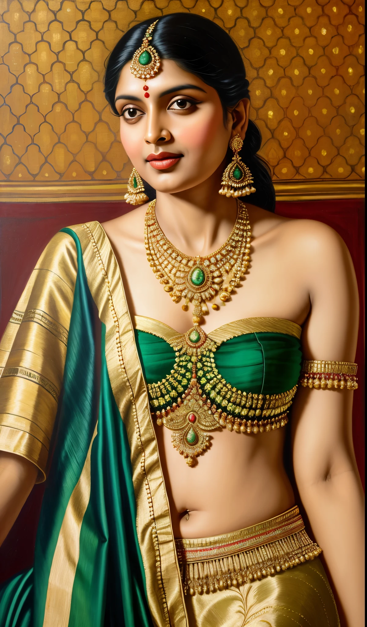 painting of a woman in a sari with a necklace and earrings, inspired by Raja Ravi Varma, szukalski ravi varma, portrait of a beautiful goddess, by Raja Ravi Varma, indian goddess, traditional beauty, a stunning portrait of a goddess, inspired by T. K. Padmini, indian art, indian goddess of wealth, portrait of a goddess
