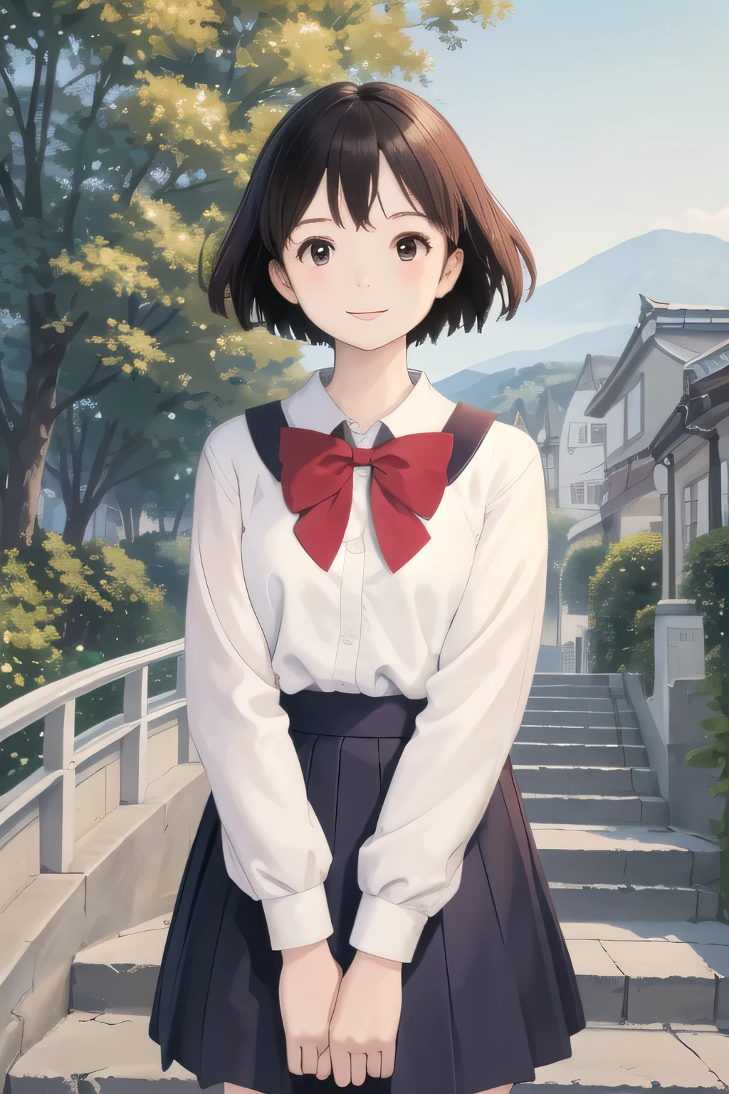 (masterpiece, highest quality;1.3),super detailed,1 girl,alone,looking at the viewer,smile,highest quality, High resolution, very detailed, detailed background, perfect lighting, outside, 1 girl, face is front,Japanese,high school student,Uniform appearance