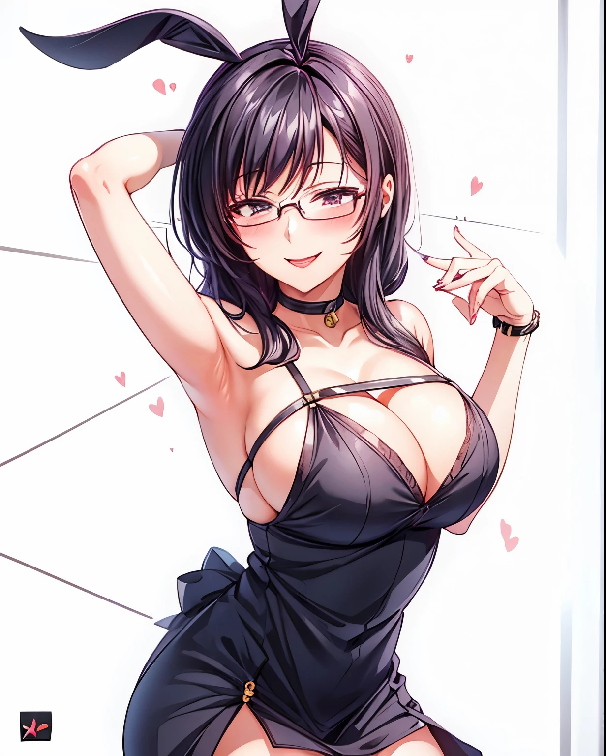 1 milf, long black hair, very big breasts, wearing glasses, smiling lewdly, blushing