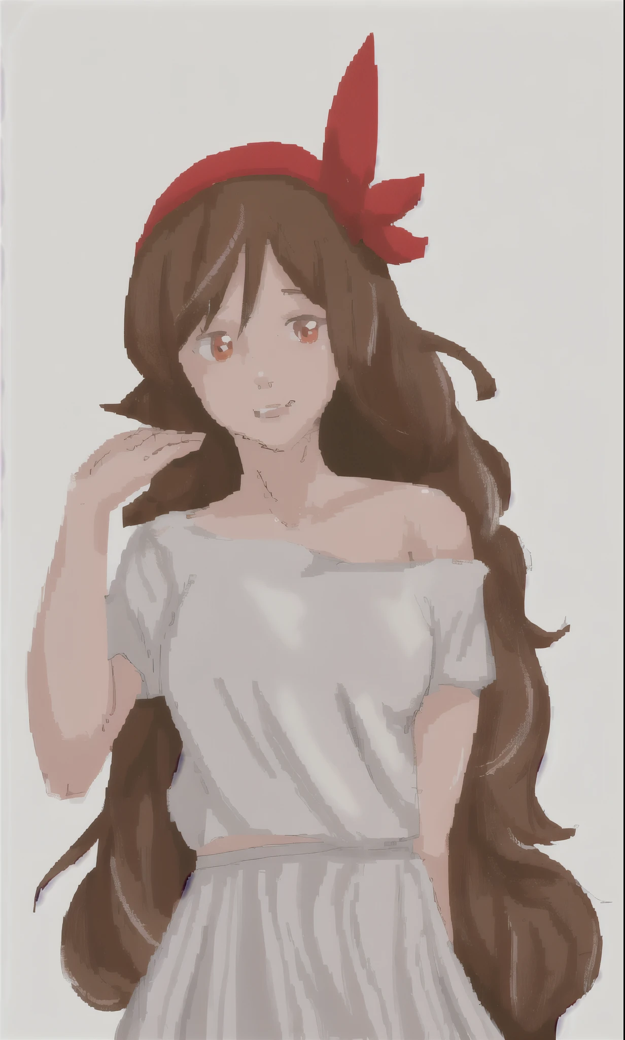 Pixel art, a cartoon girl with long brown hair and a red bow, in an anime style, anime artstyle, made with anime painter studio, an anime girl, painted in anime painter studio, pretty anime girl, in anime style, anime girl with long hair, anime style portrait, digital anime art!!, anime style character, flat anime style shading, Sad, anime girl