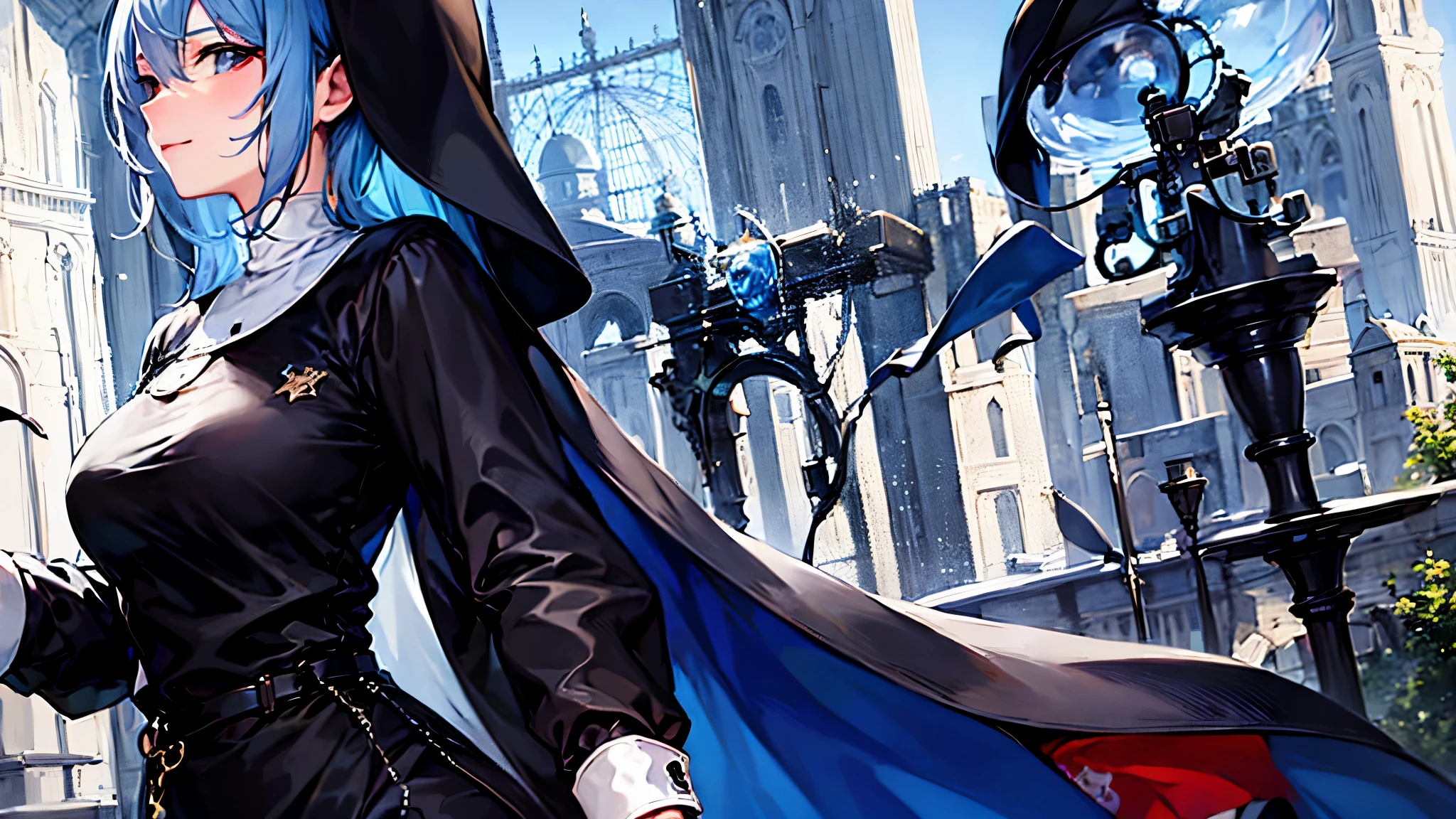 masterpiece, nun, innocent, smile, cute, topaz blue hair: 1.2, background room art