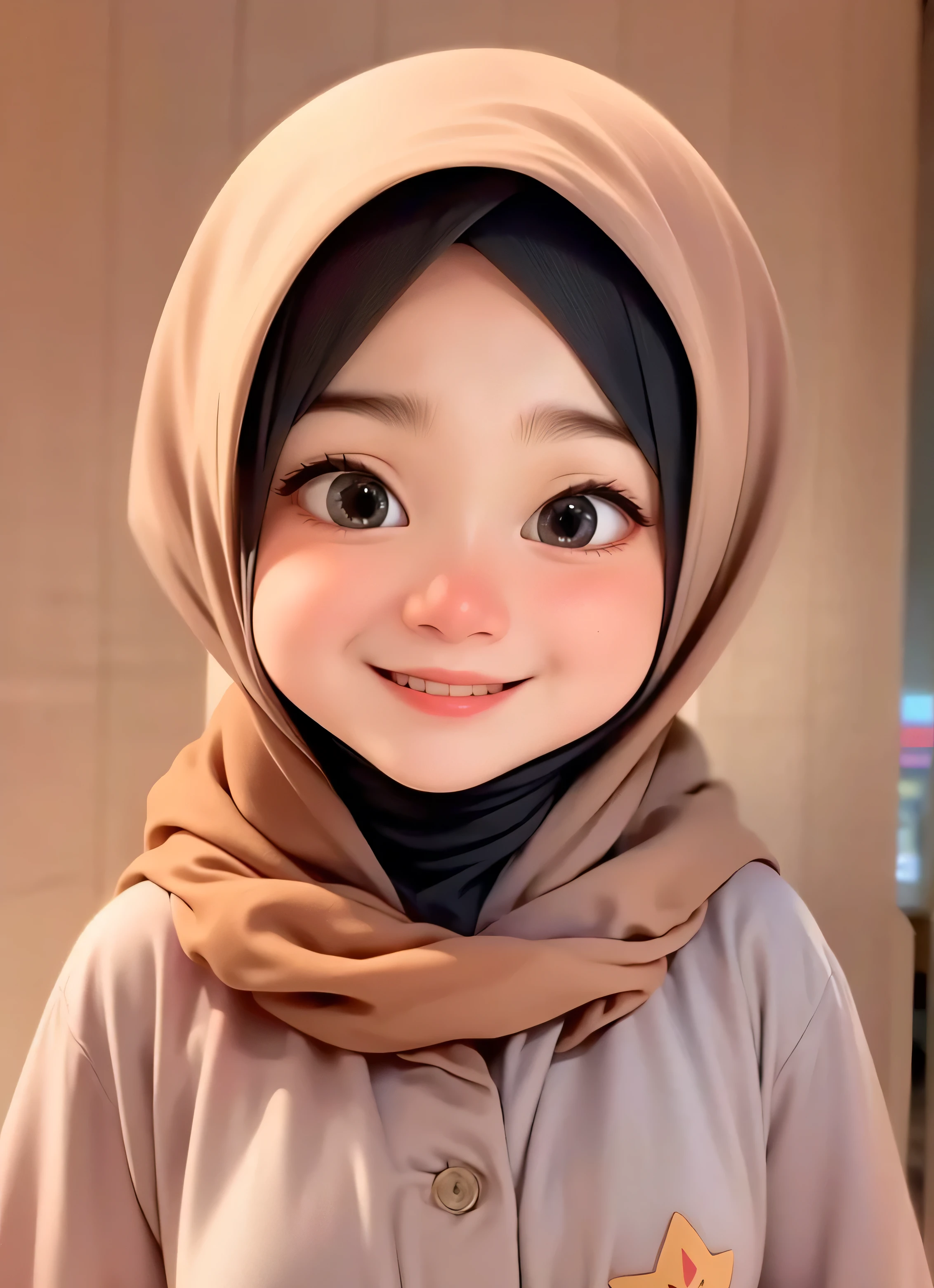 super cute girl IP by popmart,natural light,Adorable,Youthful,Animated, pixar style, hijab style, muslim, gray background, smile, look in camera