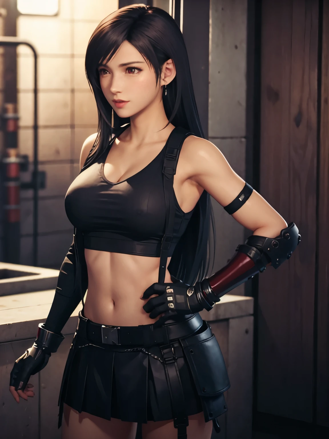 tifa lockhart,final fantasy vii,3d,black hair,breasts,earrings,exhibitionism,femalegauntlets,gloves,jewelry,long hair,looking at viewer,nipples,no panties,pussy,red eyes,solo