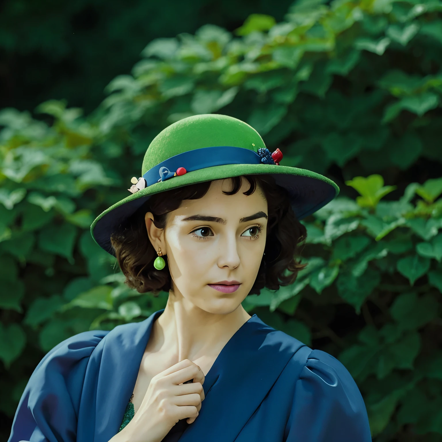 Woman with short dark brown curly hair, con cara redonda , tiene un sombrero de rana en la cabeza y trae una blusa verde de tirantes y un pincel en la mano