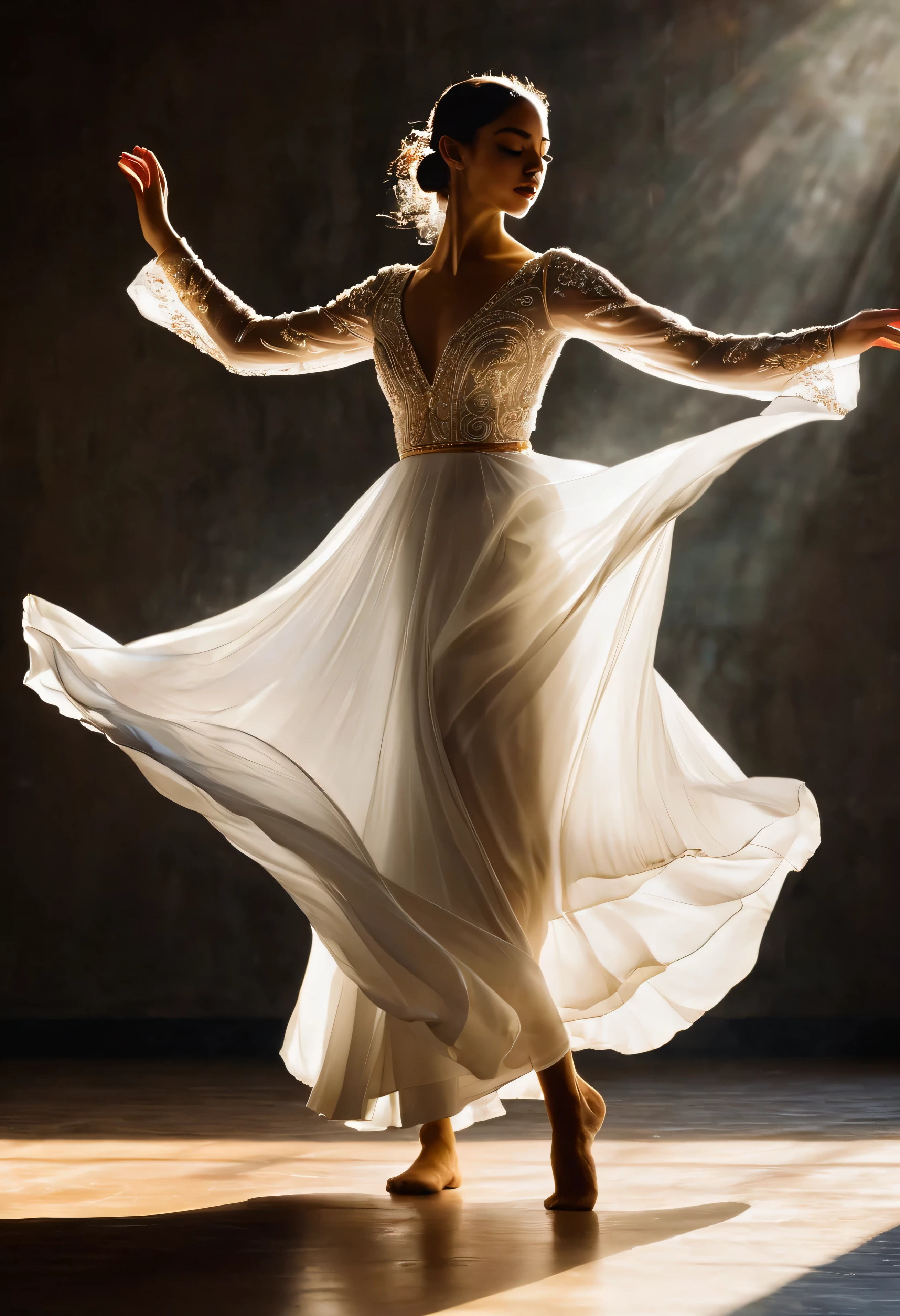 The image captures a moment of pure elegance and grace. O sujeito, uma jovem mulher, is in the middle of a dance, your body positioned in a dynamic pose that suggests movement and energy. She is adorned in a white dress, its golden details adding a touch of sophistication. O vestido, with your flowing skirt, It's a testament to the fluidity of your dance.
His arms are raised, mirroring the upward movement of your dance, and his eyes are closed, indicating a moment of intense concentration or perhaps a moment of pure joy. Sunlight coming in from the side casts a warm glow on her, highlighting your features and adding depth to the image.
O fundo contrasta fortemente com o assunto , com suas cores escuras e suaves , allowing the viewer's attention to remain focused on the woman and her dance. The overall composition of the image, with its careful balance of light and shadow, cor e contraste, creates a visually stunning scene that captures the essence of grace and beauty in motion.