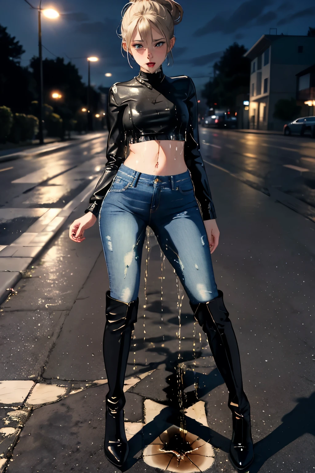 anime, highres, beautiful women, high detail, good lighting, lewd, hentai, (no nudity), (((jeans))), ((tight leather top)), (((leather thigh high boots))), bare midriff, ((wet crotch)), (((peeing herself))), (((wetting herself))), ((((peeing self))), (pee streaming down legs), peeing stain, (puddle), (thick thighs), nice long legs, lipstick, detailed face, pretty face, hair tied up, embarrassed blushing face, humiliated, ((on sidewalk at night)), hihelz