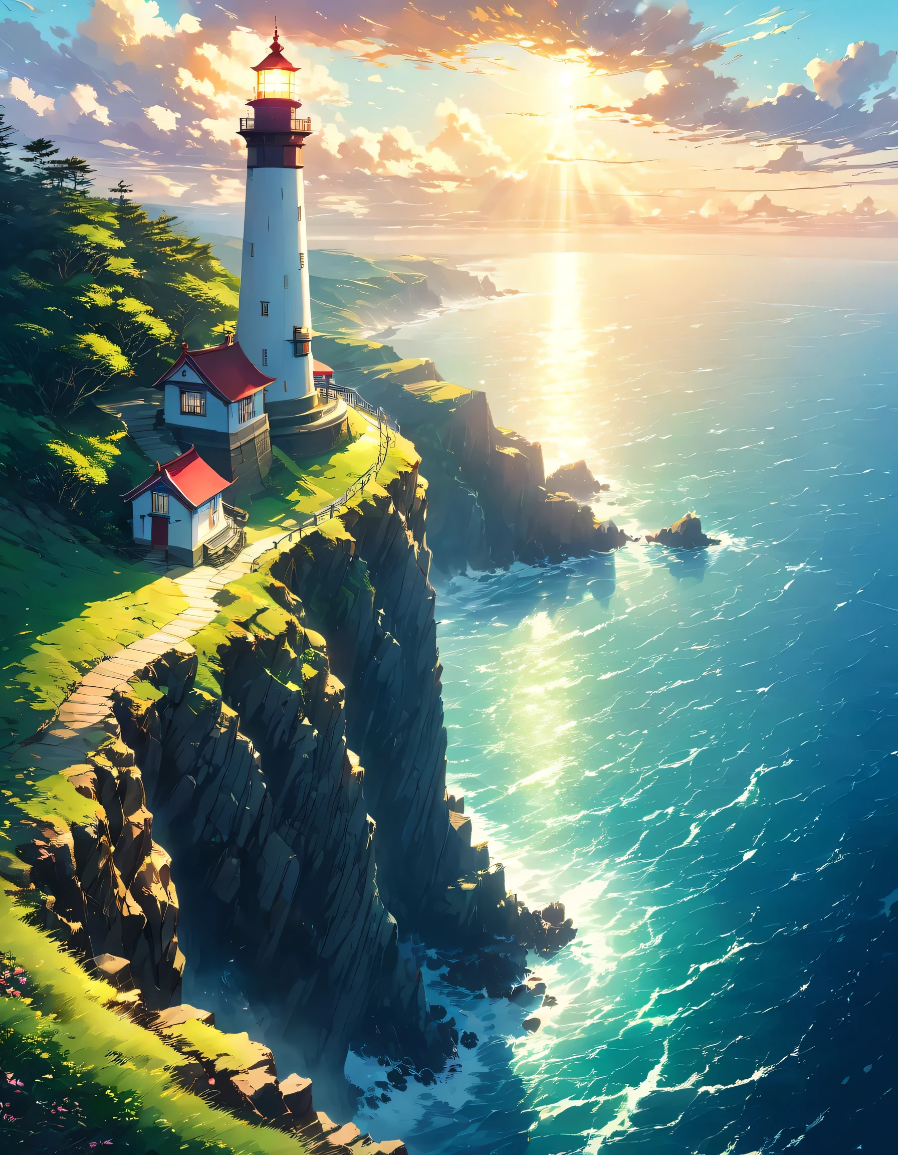 a painting of a lighthouse on a cliff overlooking the ocean, ross tran. scenic background, lighthouse, beautiful anime scenery, scenery artwork, light house, beautiful digital painting, by Andreas Rocha, a beautiful artwork illustration, amazing wallpaper, by Raymond Han, beautiful painting of a tall, studio glibly makoto shinkai, beautiful wallpaper, anime scenery