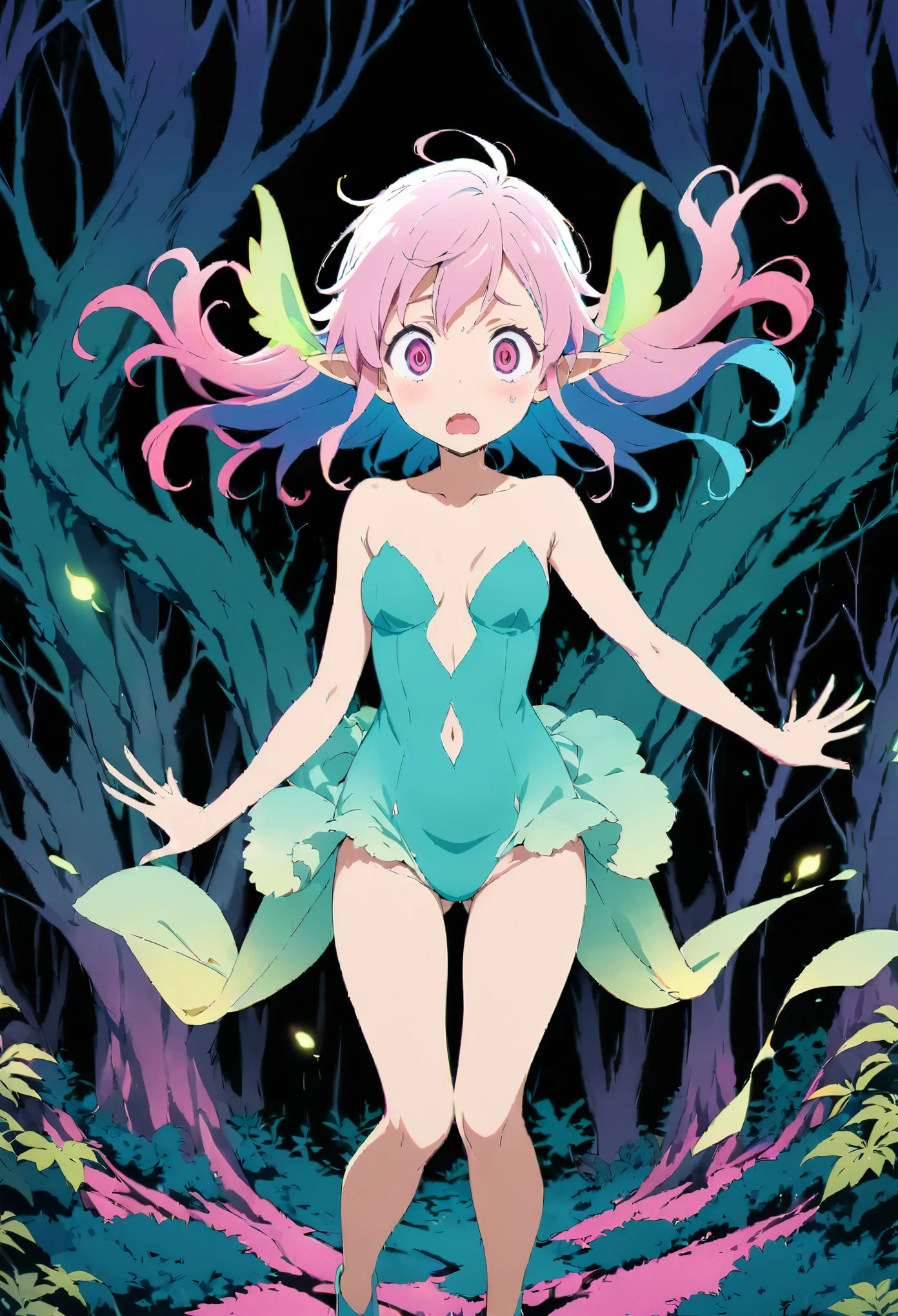 anime key visual, 1  girl fullbody,  solo, front view, looking at camera, shocked, waved hair,  pink eyes, floating in the air, glowing,  masterpiece, best quality , on the magic forest, dreamy, sexy, colorful, elve, elve ears, lewd, flat colors, lineart