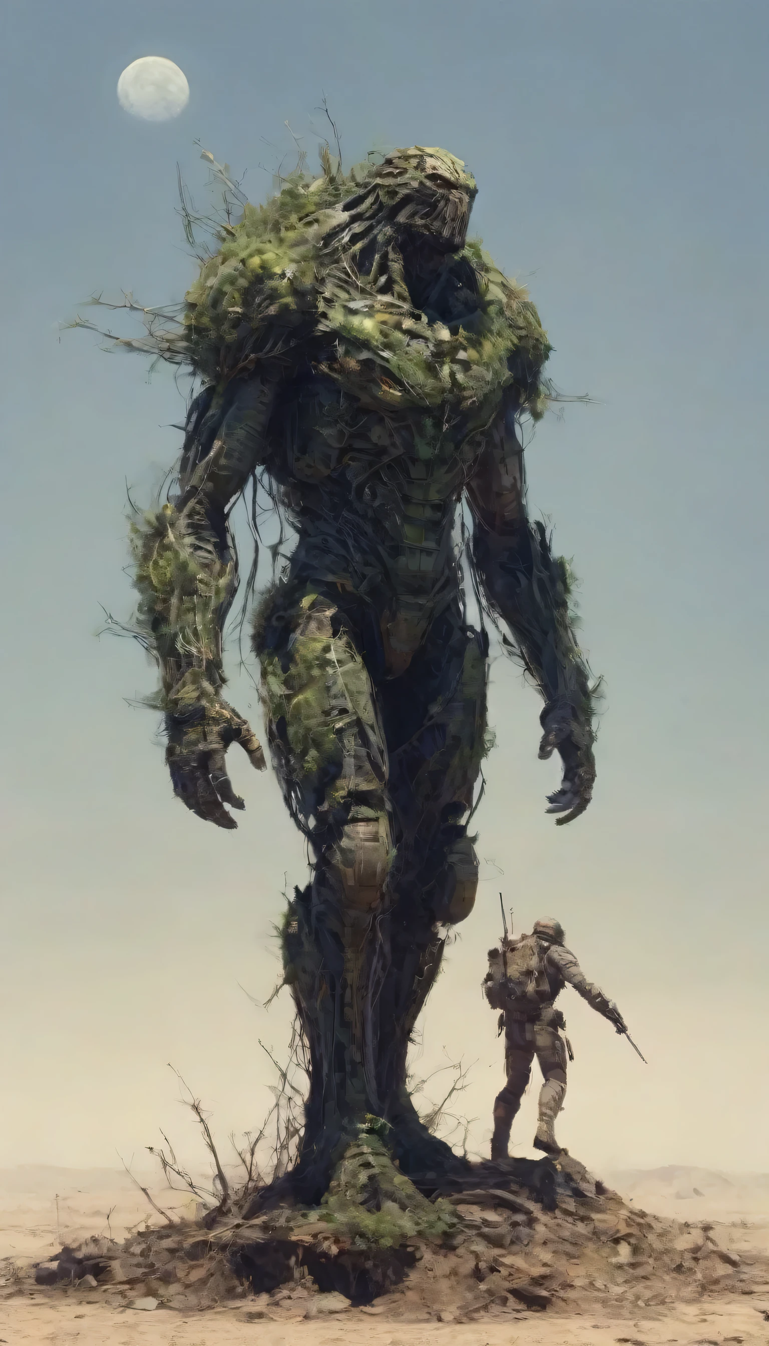 creating a unique style of painting mixing Alessandro sicioldr renaissance expressionism and hyper detailed Wadim Kashin digital art,human World coalition Battlefield,human World coalition first violent contact with alien-vegetal-hybrid,fight scene,hyper-surrealism