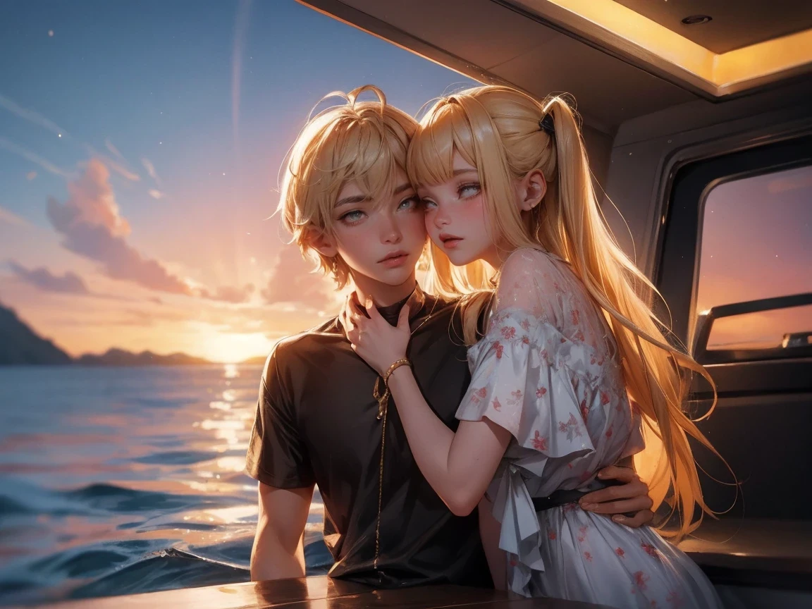 Golden pond，sunset，sparkling，Backlighting equipment for couple on boat:SonyA77(Standalone) [SONY（Sony）digital camera]  lens:70-300mm F4-5.6 SSM time:2017-09-24 17:37:02 Shutter:1/8000 aperture:F/6.3 focal length:300mm sensitivity:0  