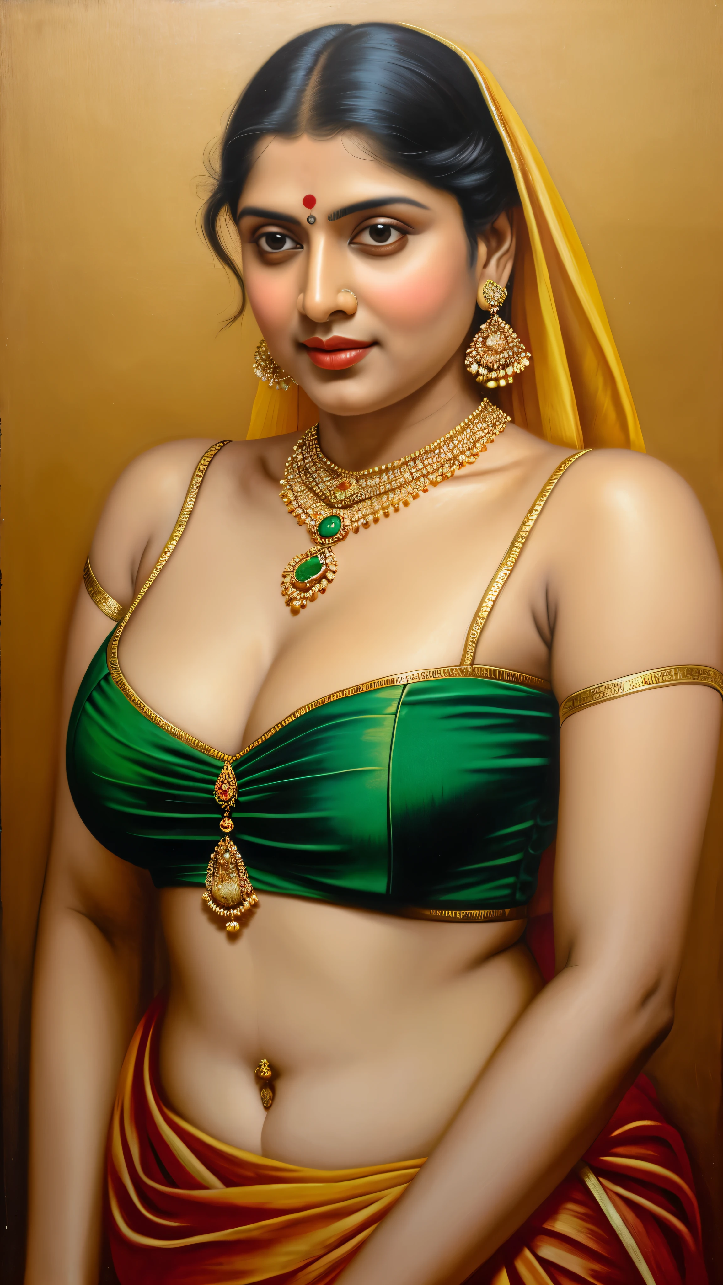 painting of a woman in a sari with a necklace and earrings, inspired by Raja Ravi Varma, szukalski ravi varma, portrait of a beautiful goddess, by Raja Ravi Varma, indian goddess, traditional beauty, a stunning portrait of a goddess, inspired by T. K. Padmini, indian art, indian goddess of wealth, portrait of a goddess