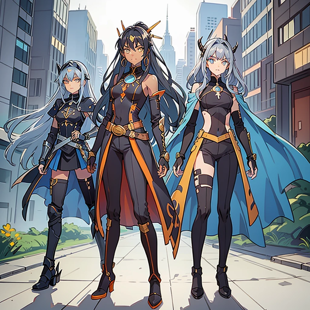 (((three characters))), female, (((dark skin)))), Black hair with ponytail, Light blue eyes, Round glasses with small dark lenses, This lens is orange, and Light Blue frame, ( ((Black metallic gauntlets and greaves with orange and silver details)), (((The clothes have a mix of modern and tribal)))), Having mainly black color, but having pieces of orange, Bare shoulders, On the hips , pants extending to mid-thigh in black.
