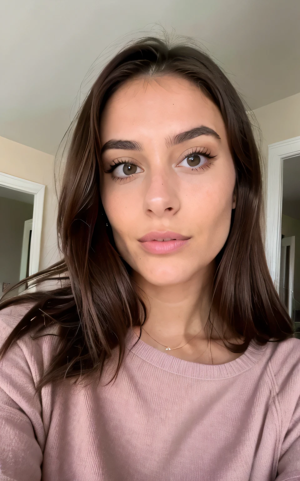 Photo d&#39;une femme brune de 20 ans, qui a un visage très naturel, Thin lips, yeux fins, Sourcils fins, nez fin. Elle prend un joli selfie avec la main droite dans la chambre, montrant le corps, pose naturelle, regarder la caméra dans la chambre