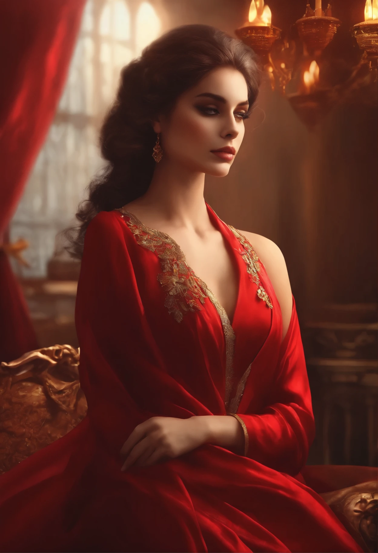 1  anime, pele parda, cabelo castanho escuro curto, vestido vermelho, olhos castanho, fofa