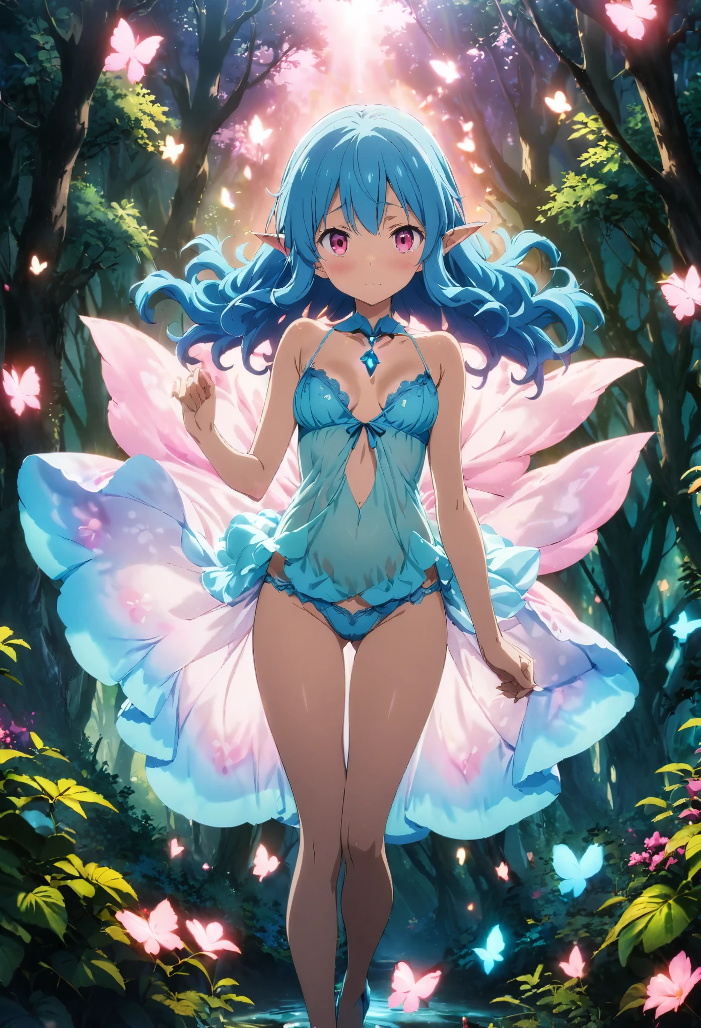 anime key visual, 1 girl fullbody, solo, front view, looking at camera, horny, waved hair, pink eyes, blue hair, floating in the air, glowing, masterpiece, best quality , on the magic forest, dreamy, sexy, colorful, elve, elve ears, lewd, lingerie