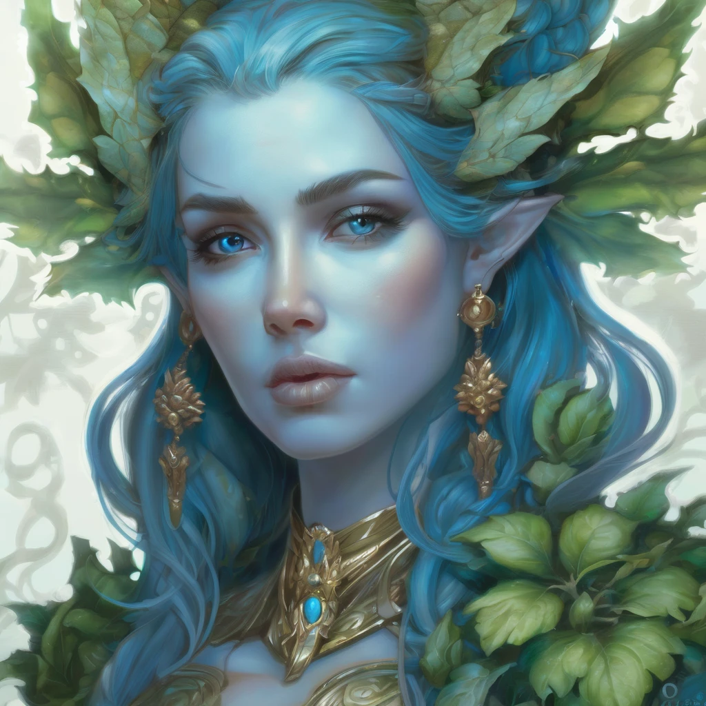 Dungeons & Dragons, aesthetic, dungeons and dragons, character portrait of a friendly dryad mister in a modest and ornate blue-grey outfit, medium shot, intricate, elegant, highly detailed. trending on artstation, digital art, by Stanley Artgerm Lau, WLOP, Rossdraws, James Jean, Andrei Riabovitchev, Marc Simonetti, Yoshitaka Amano. background by James Jean and Gustav Klim