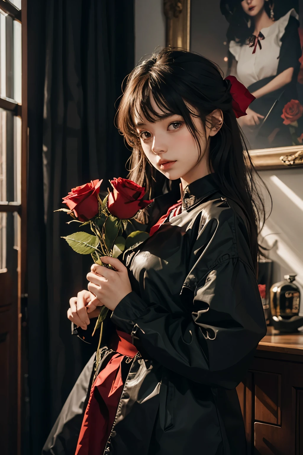 an 18 year old girl holding a red rose dressed in black