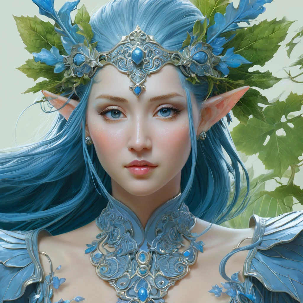 Dungeons & Dragons, aesthetic, dungeons and dragons, character portrait of a friendly dryad mister in a modest and ornate blue-grey outfit, medium shot, intricate, elegant, highly detailed. trending on artstation, digital art, by Stanley Artgerm Lau, WLOP, Rossdraws, James Jean, Andrei Riabovitchev, Marc Simonetti, Yoshitaka Amano. background by James Jean and Gustav Klim