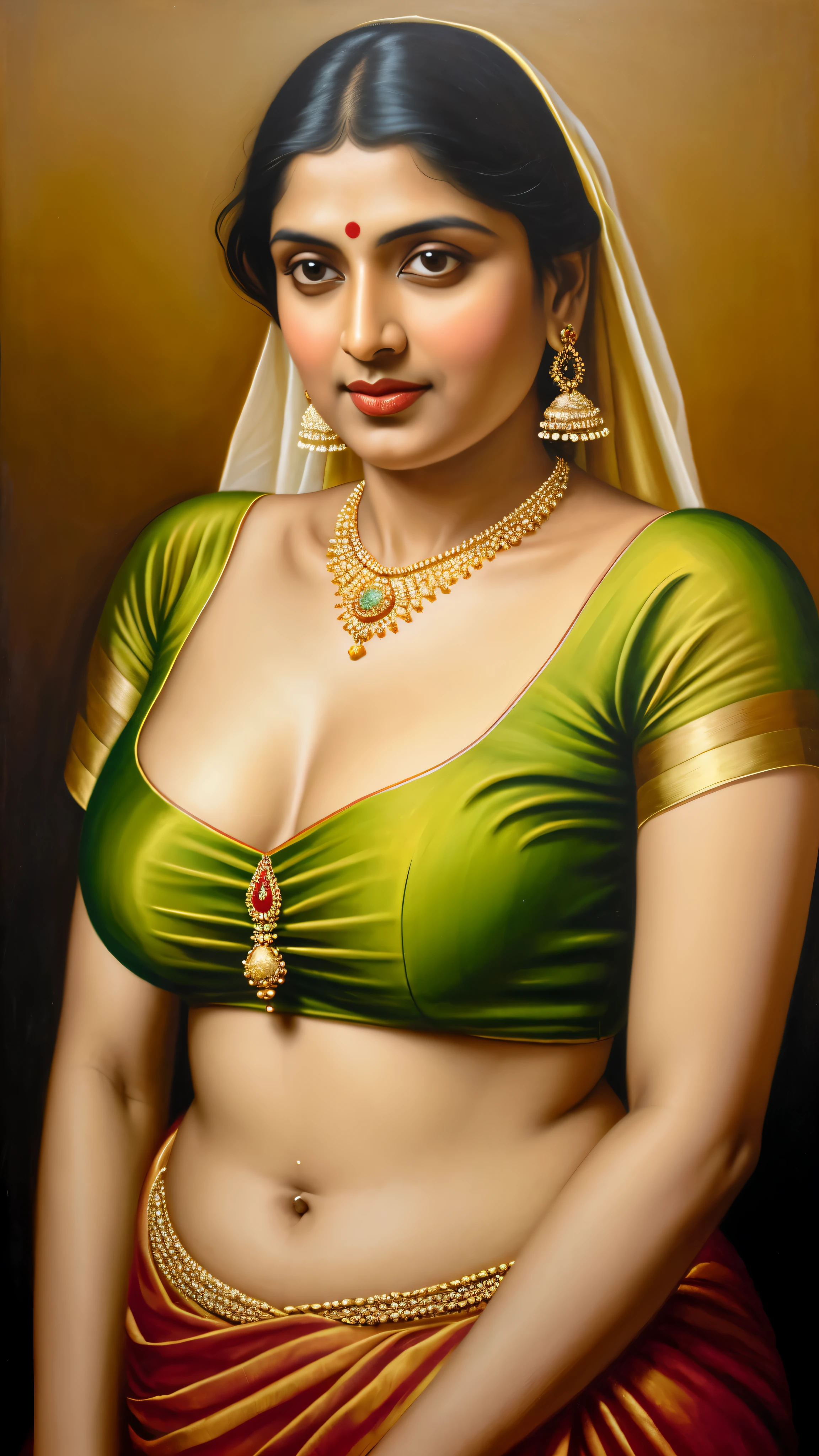 painting of a woman in a sari with a necklace and earrings, inspired by Raja Ravi Varma, szukalski ravi varma, portrait of a beautiful goddess, by Raja Ravi Varma, indian goddess, traditional beauty, a stunning portrait of a goddess, inspired by T. K. Padmini, indian art, indian goddess of wealth, portrait of a goddess