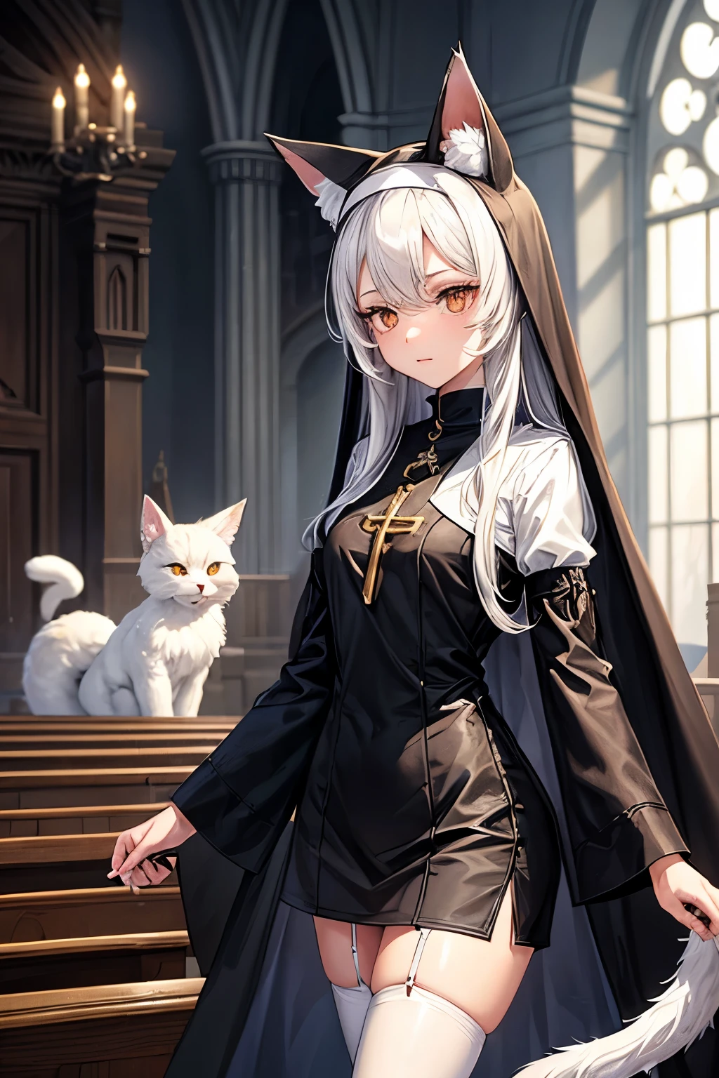 young woman ,height 155 centimeters ,breast size 1 ,ash white hair , fluffy ears with black tips ,white tail with black tip ,fox ,Someone ,cat , skirt ,stockings ,topic ,cat ears ,small ears ,Black Ear Tips,black tip of the tail , black ears ,черный foxий хвост ,two knives in hands , Two daggers in hand , two swords in hands ,skinny legs, monastic , a nun , church