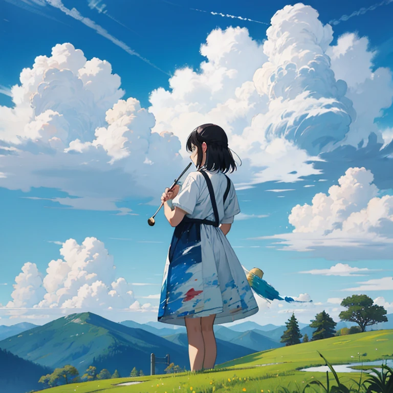 A painter using her hand as a brush to create a whimsical landscape directly on the sky