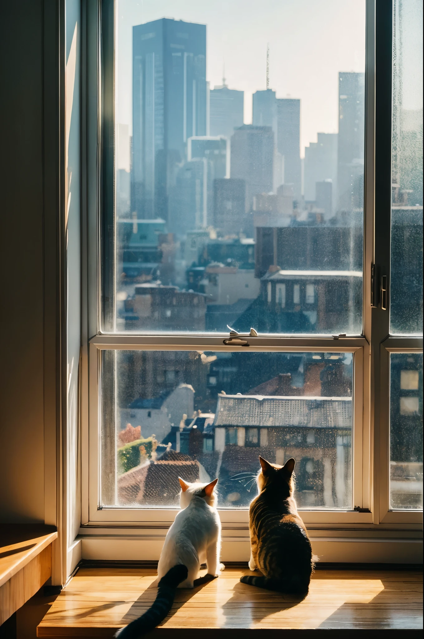 best quality,ultra-detailed,realistic:1.37,two cats in window,curious cats,playful cats,glass window,reflection of sunlight,warm lighting,cozy atmosphere,cuddling cats,feline expression,fluffy fur,whiskers,tail swaying,window frame,indoor scene,feline companionship,vivid colors,soft sunlight streaming in,peaceful ambiance,calm moment,paws on windowsill,curved window arch,city skyline in the background,QHD resolution,precise details,cityscape outside the window,subtle shadows,organic textures,colorful fur patterns,rays of light,serene environment,relaxed and content cats,carefully painted details