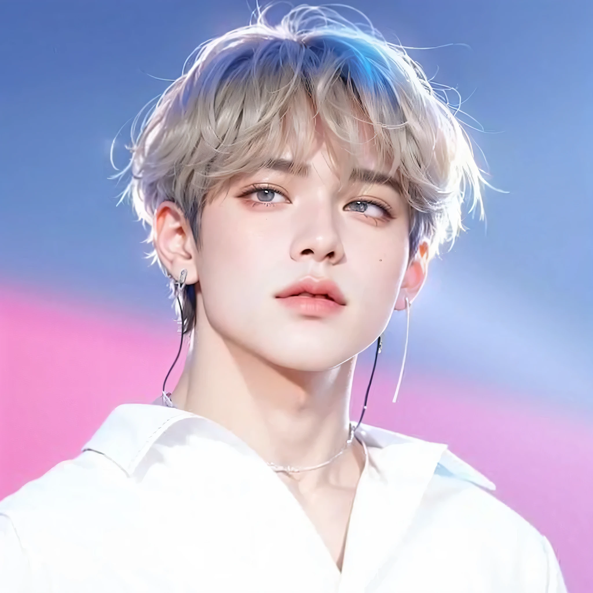 um close de uma pessoa com uma camisa branca e cabelo azul, Jimin\the full lips, Jimin, park Jimin, Jimin\the right eyelid is swollen, cai xukun, accurate Jimin face, Jimin\o nariz grego, Jungkook, Yoongi de cabelo preto, Taehyung comendo batatas fritas Gucci, inspirado em Kun Can, hyung tae, Korean male face, k-pop boy, Korean boy 