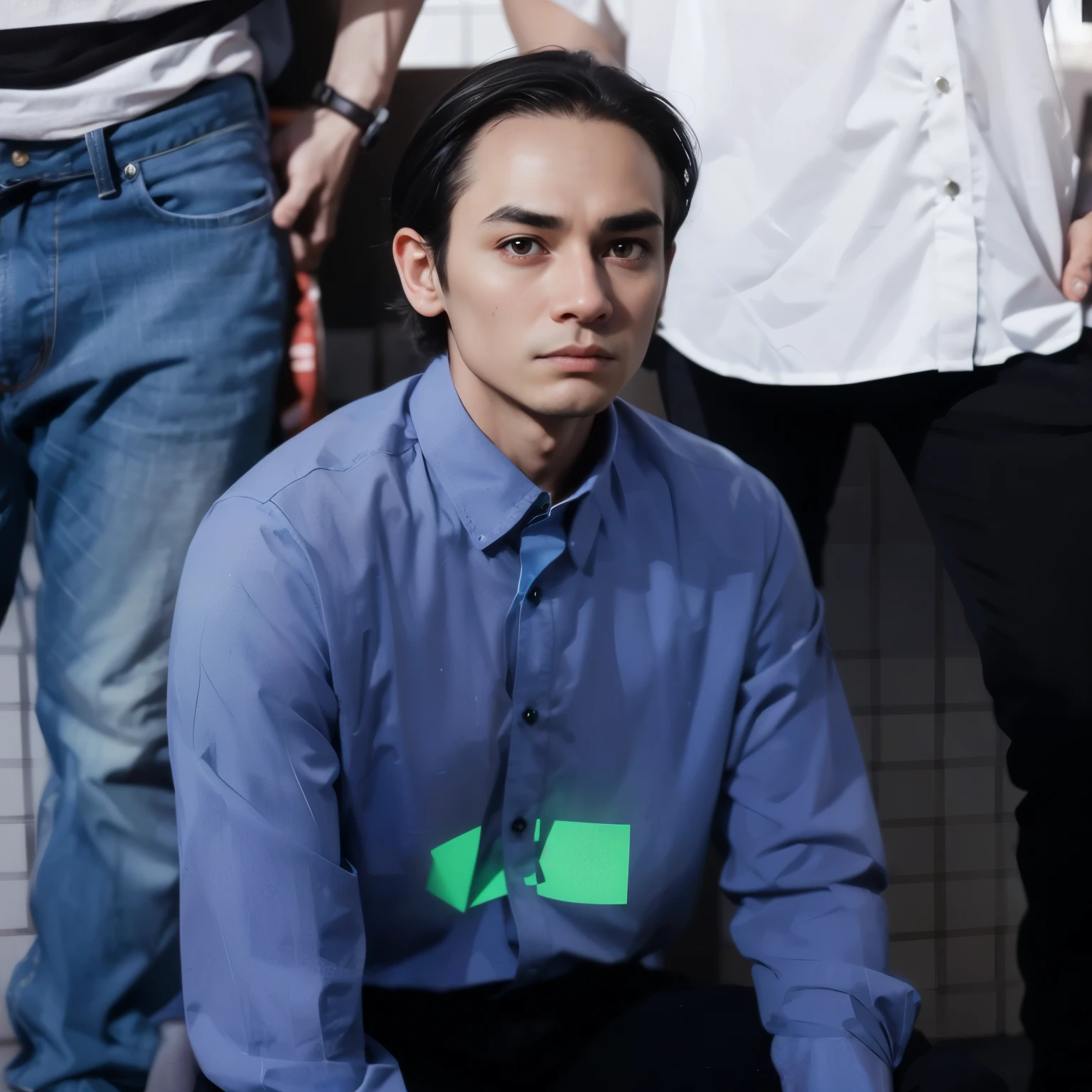 There is a man sitting on the ground wearing a green watch on his shirt., 青いbusiness shirt, Spooky, 1man. Uncle, middle age, black hair, one knee, wide forehead, thin hair, emotionless eyes, blurred eyebrows, short hair, divine, Expressionless, no facial features, skinny,eerie color