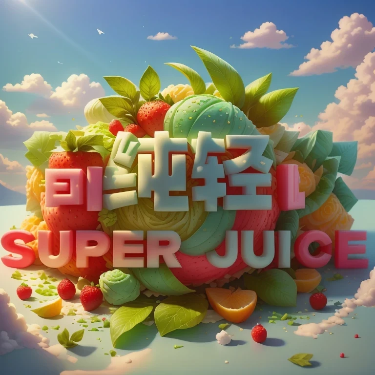 Blue sky and white clouds,Sunlight is bright,Sunlight,Nutritious and healthy fruit and vegetable drinks,Top with strawberry jam,soft,delicious, panoramic,Vibrant green background,Realistic and detailed images,Ultra-clear,best quality,Food wallpaper,carrot slices,strawberry,Cucumber slices,dragonfruit,Cauliflower,lettuce leaves