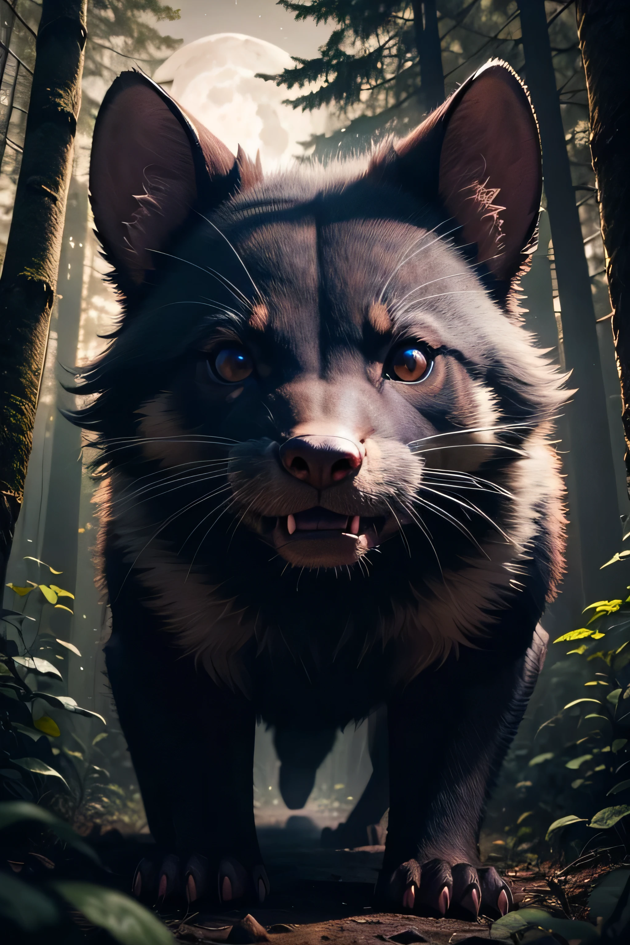 Tasmanian devil, close-up, attacking the camera, aggressive attitude, monstrous, in the forest at night with low light, in twilight, night illuminated by a full moon, large moon, ultra-detailed complex scene, cinematographic lighting with blue light, tracing of rays, shadows and reflections, masterpiece, HDR, maximum quality, 8k,