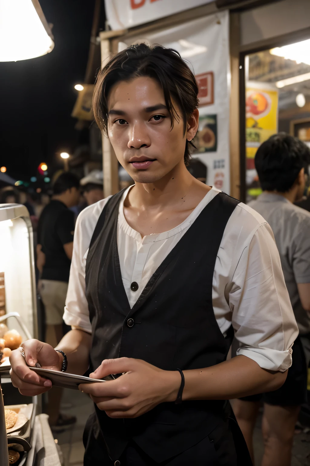 a man is doing business in the night market and is dressed poorly with an untidy appearance