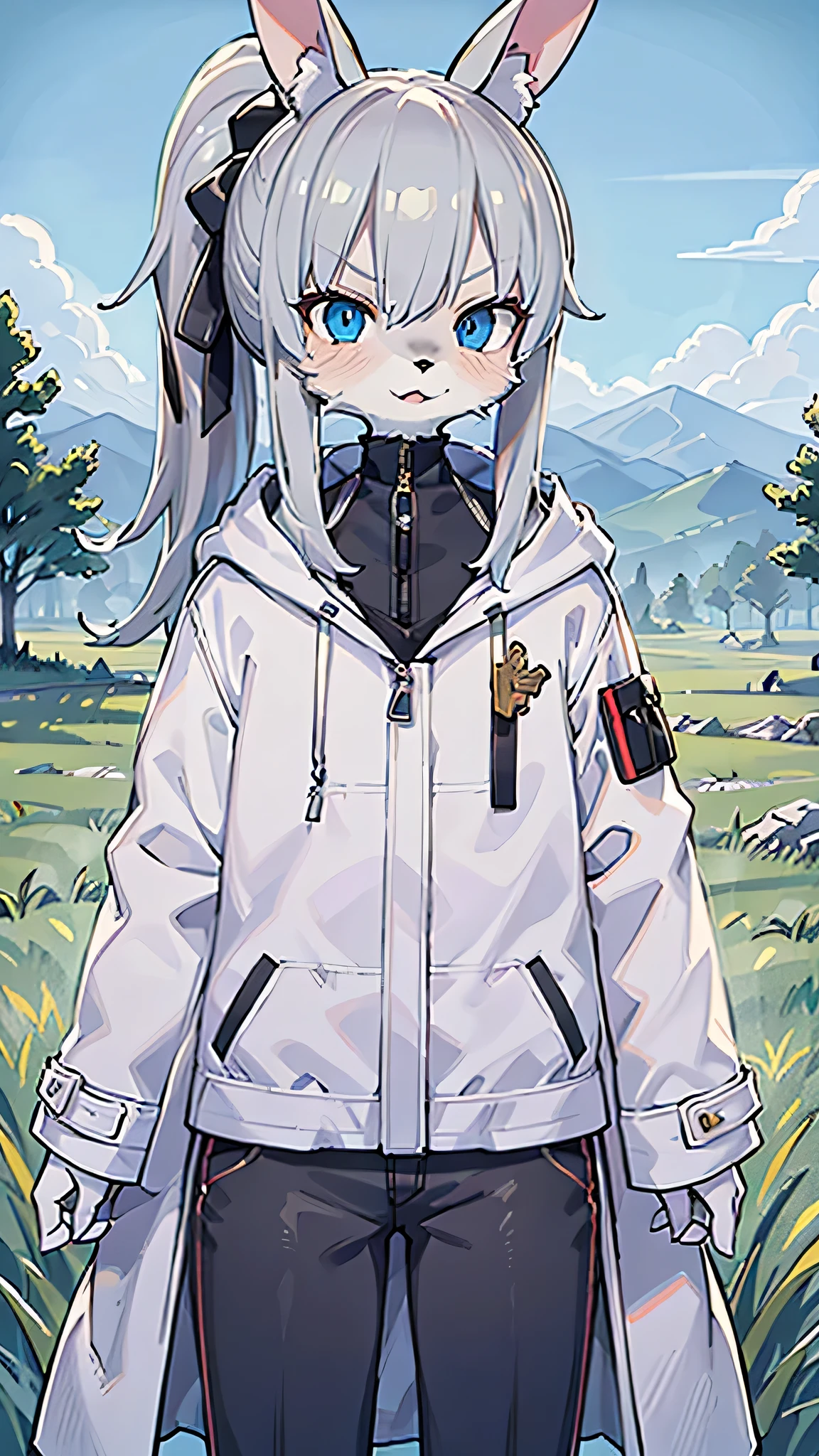 (masterpiece, highest quality), intricate details, 8K, rabbit ears, whole body, male, blue eyes, Normal body type, grassland, anime, expensive, gray hair, white coat and black pants, furry, in the middle, ponytail, serious, open your mouth wide