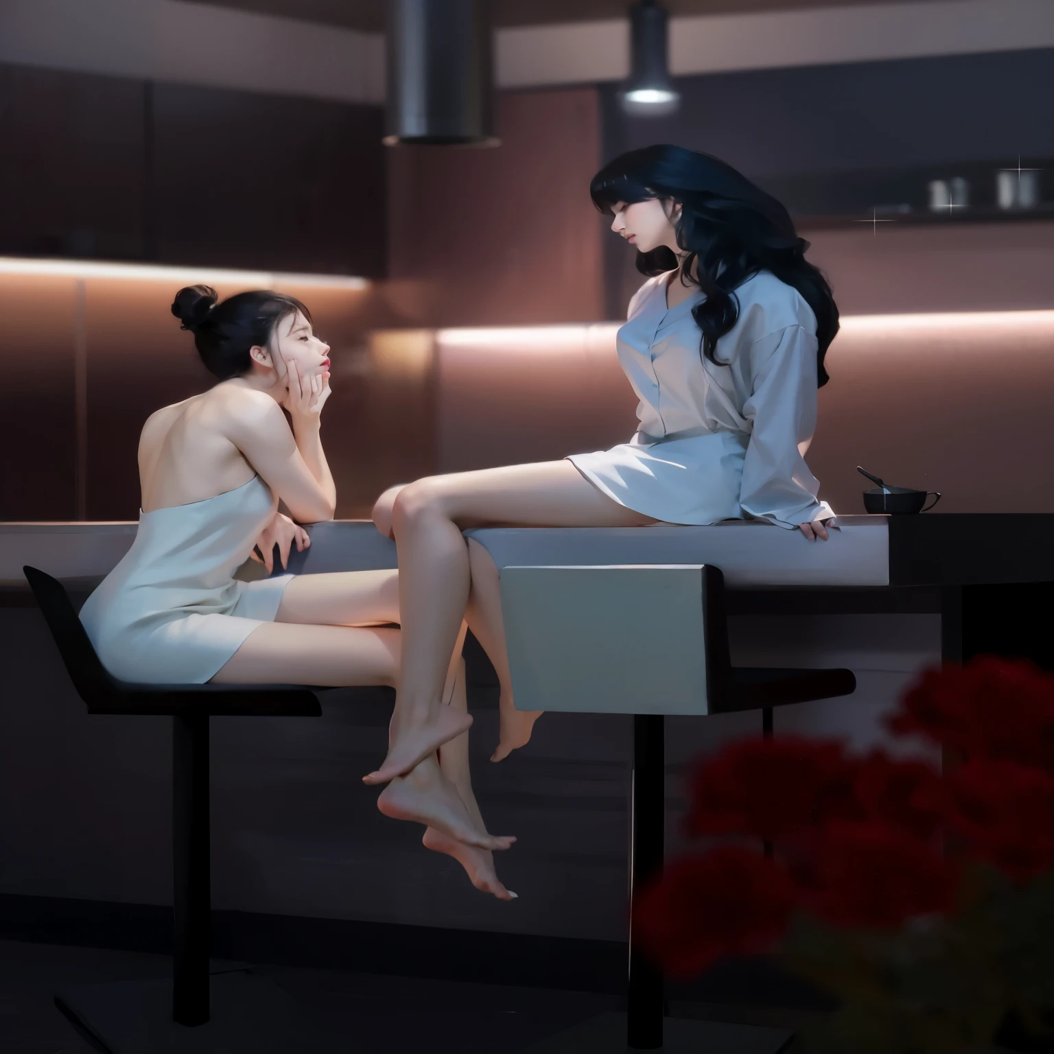 Anime image of two women sitting on a kitchen table., Late morning, Gouache style art, Inspired by Sim Sa Jung, Inspiration from Kim Deuksin, Niksu and Sakimichan, Realistic art style, In the art form of the pond, Trending on cgstation, Inspiration from Wang Khu