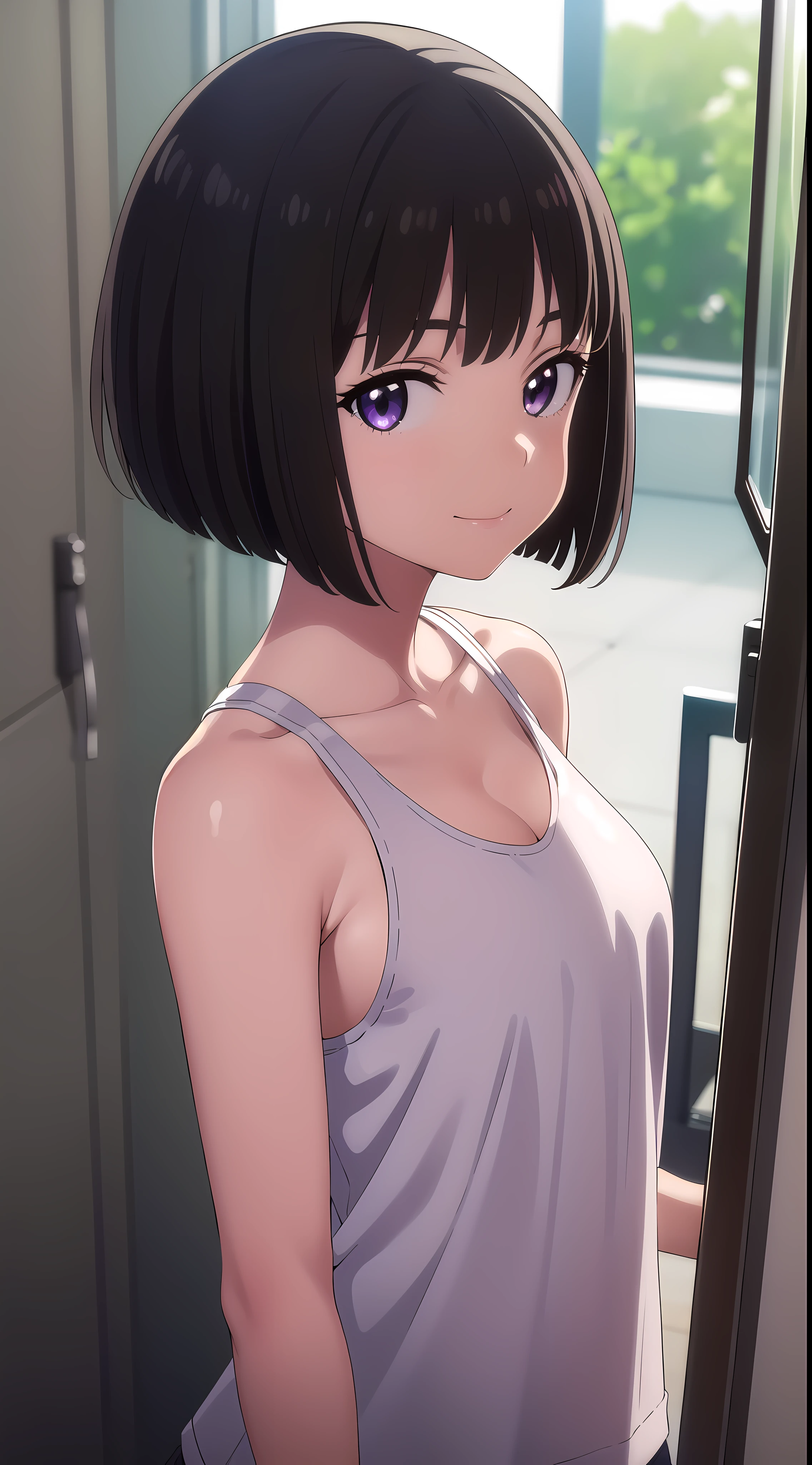 (((pixel-perfect, detail-perfect))), HDR, 4K, 1girl, solo, exposed back, looking at viewer, upper body, black hair, bob_hair, short-hair, short bob hair, (((bobcut))), ((haircut:1.3)), undercut, bobbed hair, minibob, sidecut, buzz haircut, sidecut, side of head shaved, purple eyes, ((Shave his hair)), Short ear hair, graduation bob, (cowboy shot:1.5), straight short hair, buzzed nape, tank top, nike logo, Big smile