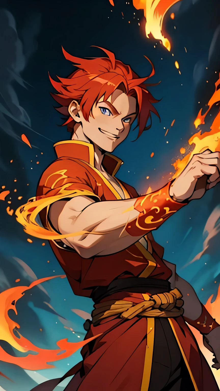 fire bending, man, short red hair, strong, anime style, blue eyes, fire, Japanese city background, avatar the legend of aang style, smile