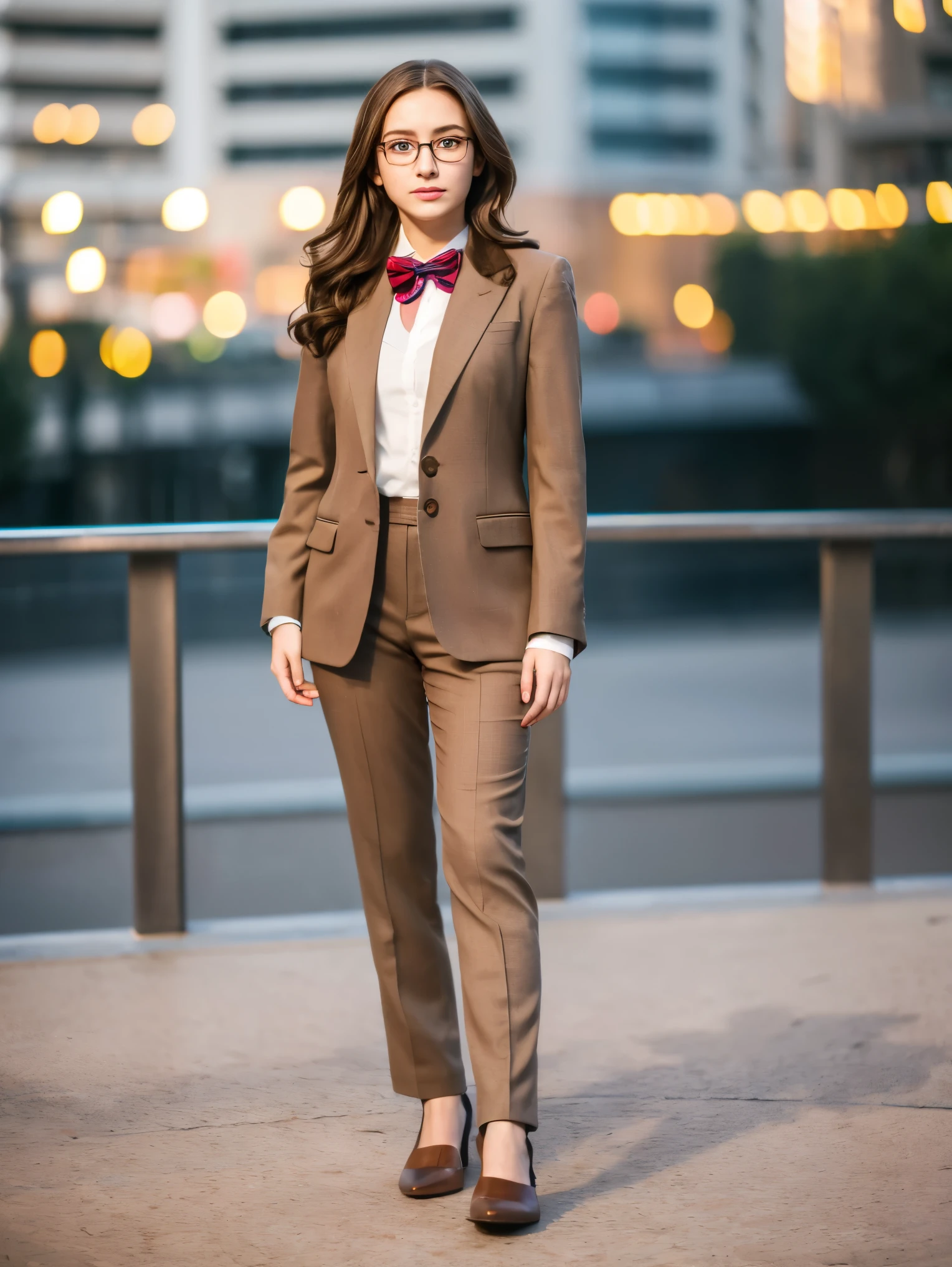 (Realistic:1.37),(best quality,highres),(HDR,UHD),(professional),(vivid colors),(bokeh),long gray hair,beautiful honey-colored eyes,girl standing,dynamic pose,glasses,brown suit,fancy shoes,teenager,tomboy