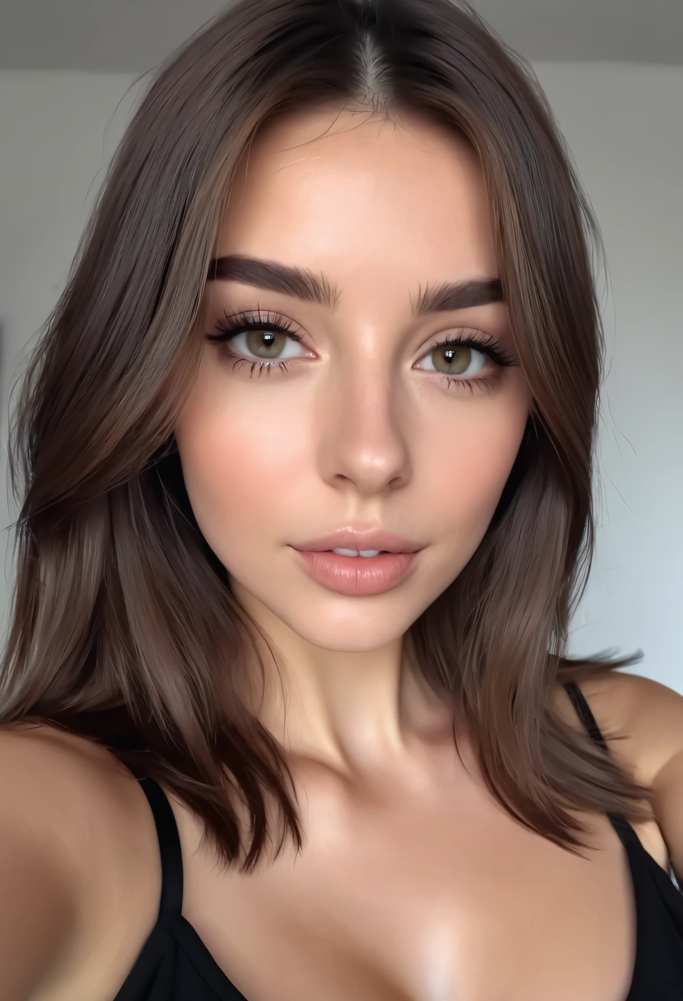 realistic selfie of a very beautiful young woman, brunette, selfie, with black dress, ultra detailed, details, 4k