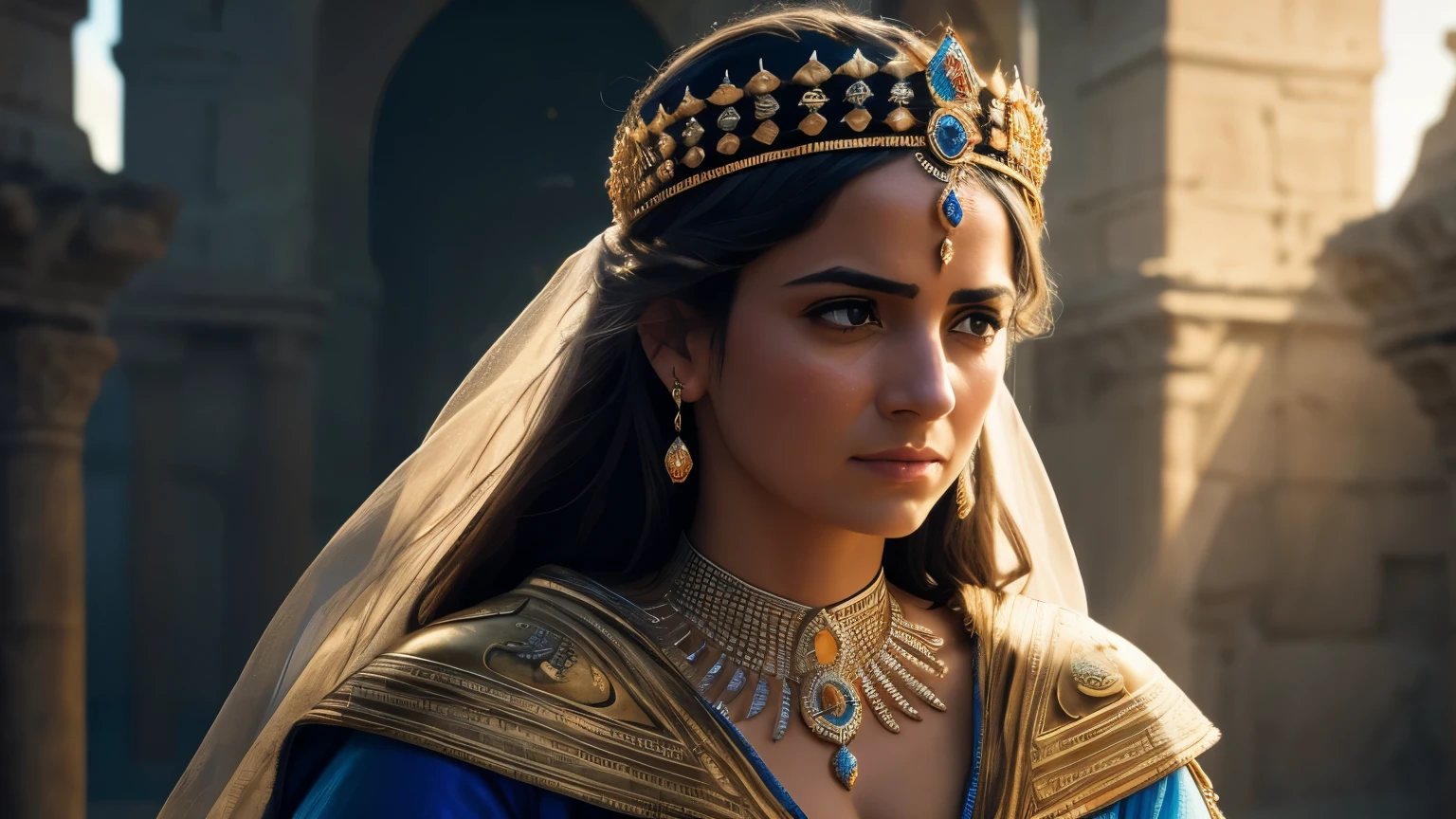 Una imagen en primer plano de Zenobia, the queen who challenged the Roman empire with a look of fury: realistic epic, soft cinematographic portrait, Adobe Lightroom, photography laboratory, muy detallado, despondent, (colores neutros: 1.2), (HDR: 1.4), (colores suaves: 1.2) ), hiperdetallado, (art station:1.4), cinematographic, warm lights, dramatic light, (Detalles intrincados:1.1), fondo complejo, (rutkowski:0.66), (azul y naranja:0.4) 