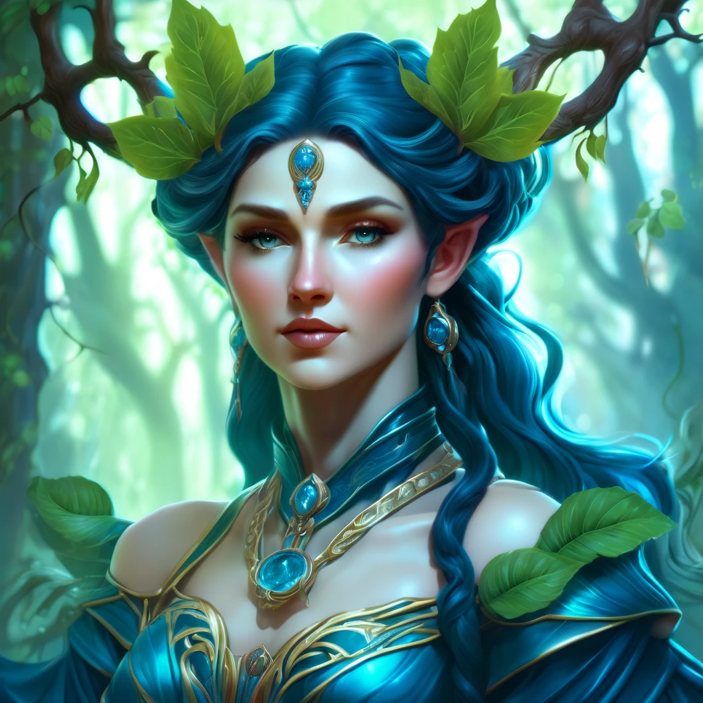 Dungeons & Dragons, aesthetic, dungeons and dragons, character portrait of a friendly dryad mister in a modest and ornate blue-grey outfit, medium shot, intricate, elegant, highly detailed. trending on artstation, digital art, by Stanley Artgerm Lau, WLOP, Rossdraws, James Jean, Andrei Riabovitchev, Marc Simonetti, Yoshitaka Amano. background by James Jean and Gustav Klim
