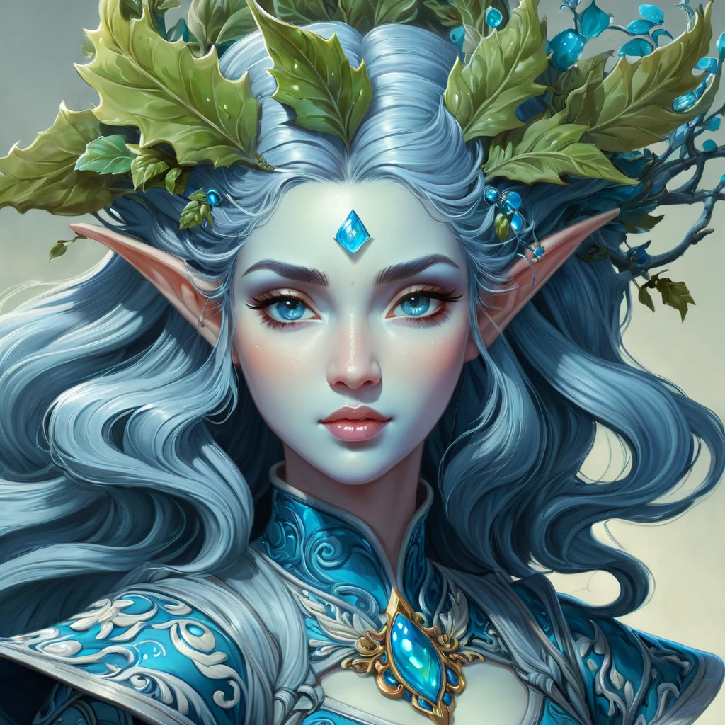 Dungeons & Dragons, aesthetic, dungeons and dragons, character portrait of a friendly dryad mister in a modest and ornate blue-grey outfit, medium shot, intricate, elegant, highly detailed. trending on artstation, digital art, by Stanley Artgerm Lau, WLOP, Rossdraws, James Jean, Andrei Riabovitchev, Marc Simonetti, Yoshitaka Amano. background by James Jean and Gustav Klim