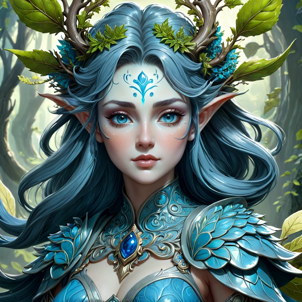 Dungeons & Dragons, aesthetic, dungeons and dragons, character portrait of a friendly dryad mister in a modest and ornate blue-grey outfit, medium shot, intricate, elegant, highly detailed. trending on artstation, digital art, by Stanley Artgerm Lau, WLOP, Rossdraws, James Jean, Andrei Riabovitchev, Marc Simonetti, Yoshitaka Amano. background by James Jean and Gustav Klim